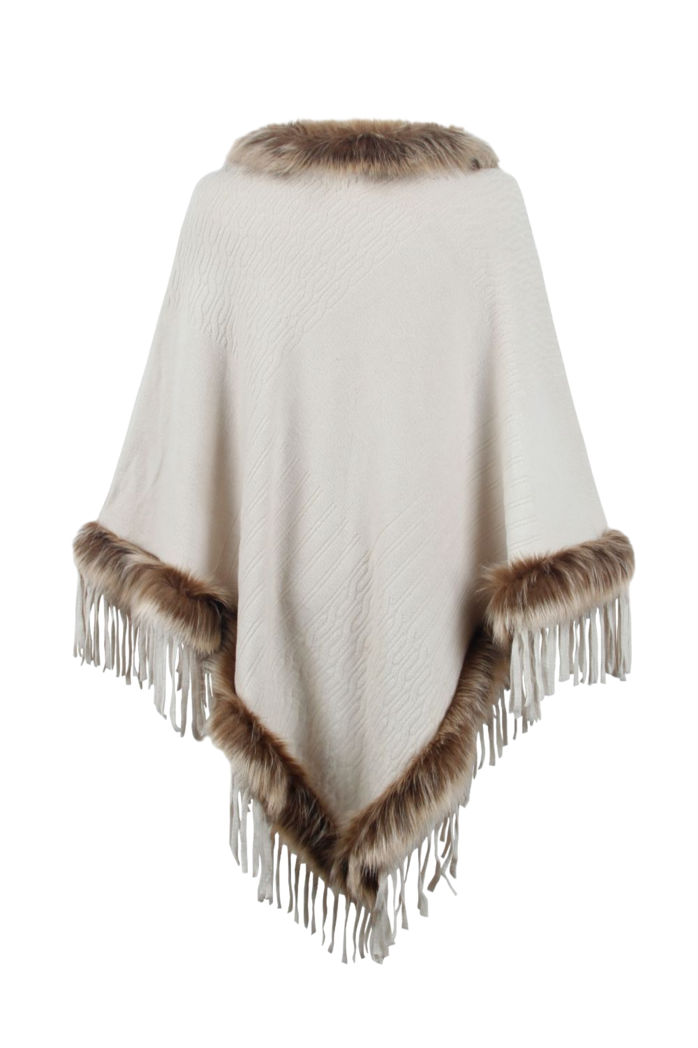 Faux Fur Trim Fringed Poncho