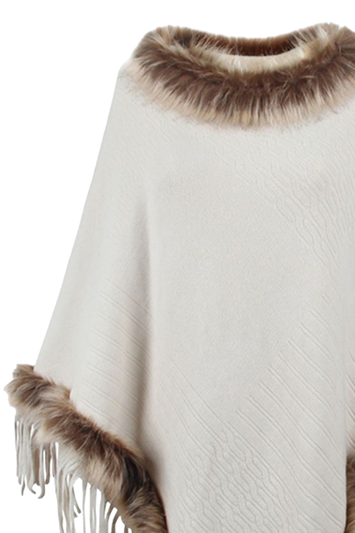 Faux Fur Trim Fringed Poncho