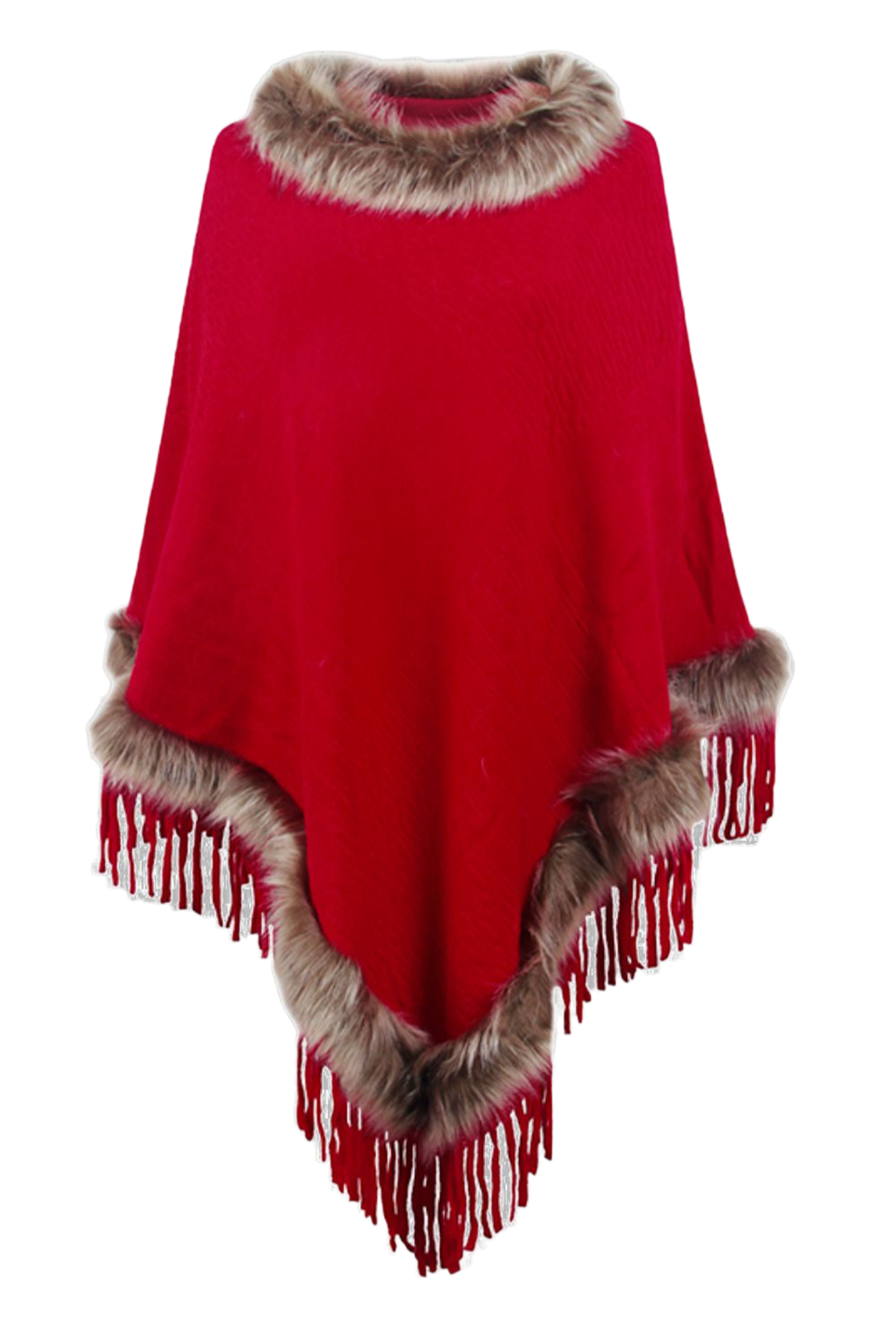 Faux Fur Trim Fringed Poncho