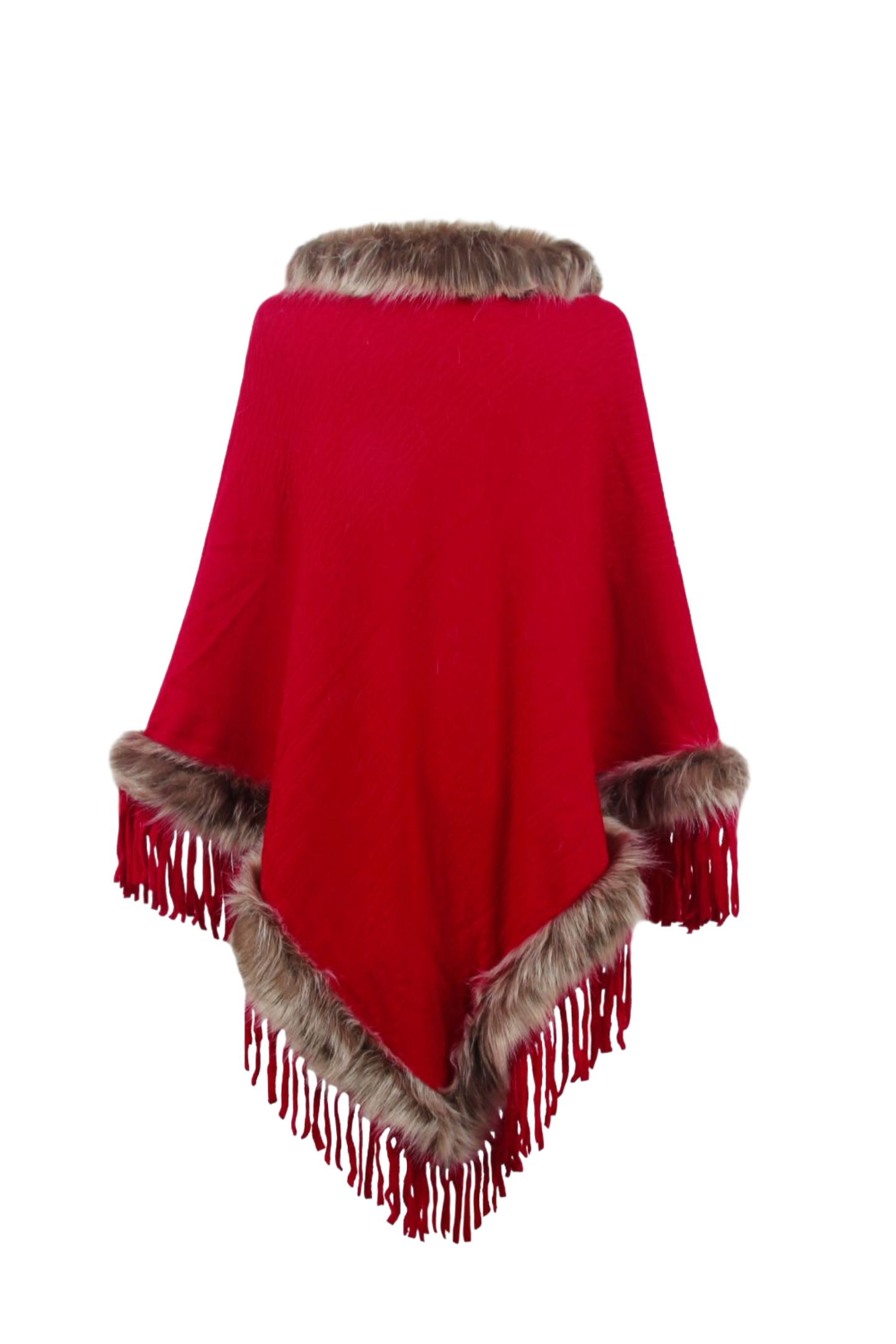 Faux Fur Trim Fringed Poncho