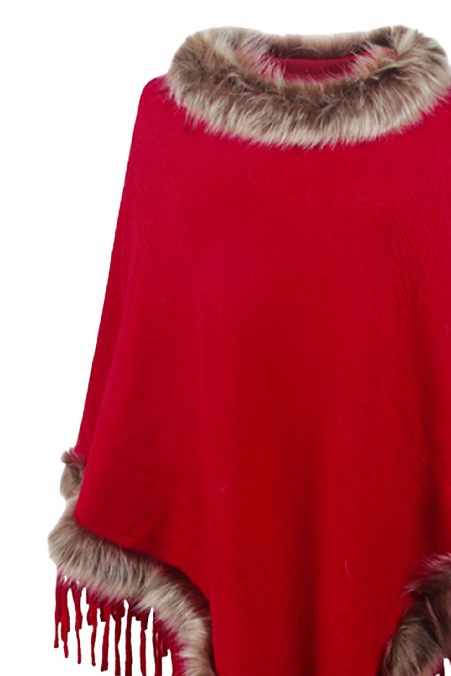 Faux Fur Trim Fringed Poncho