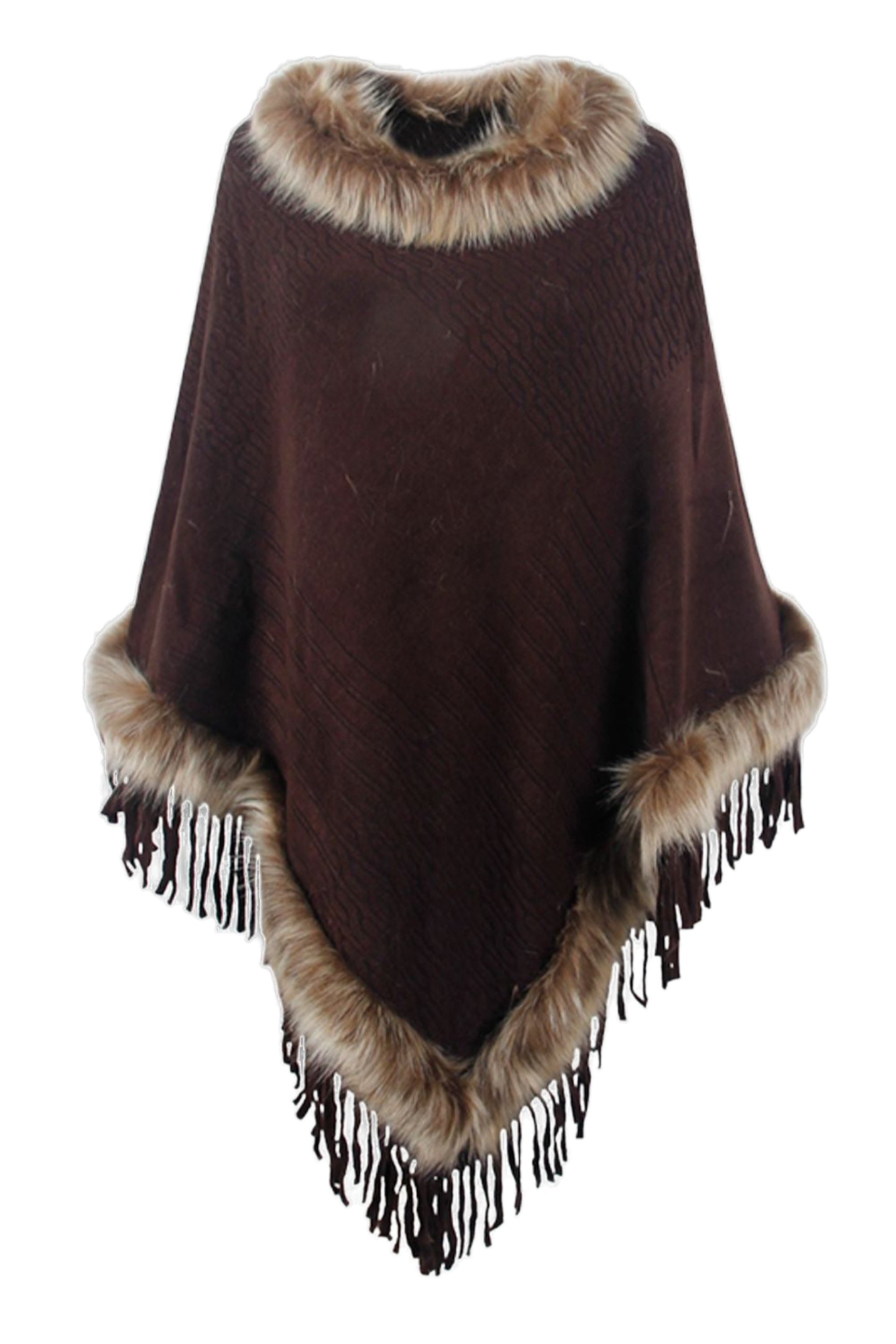 Faux Fur Trim Fringed Poncho