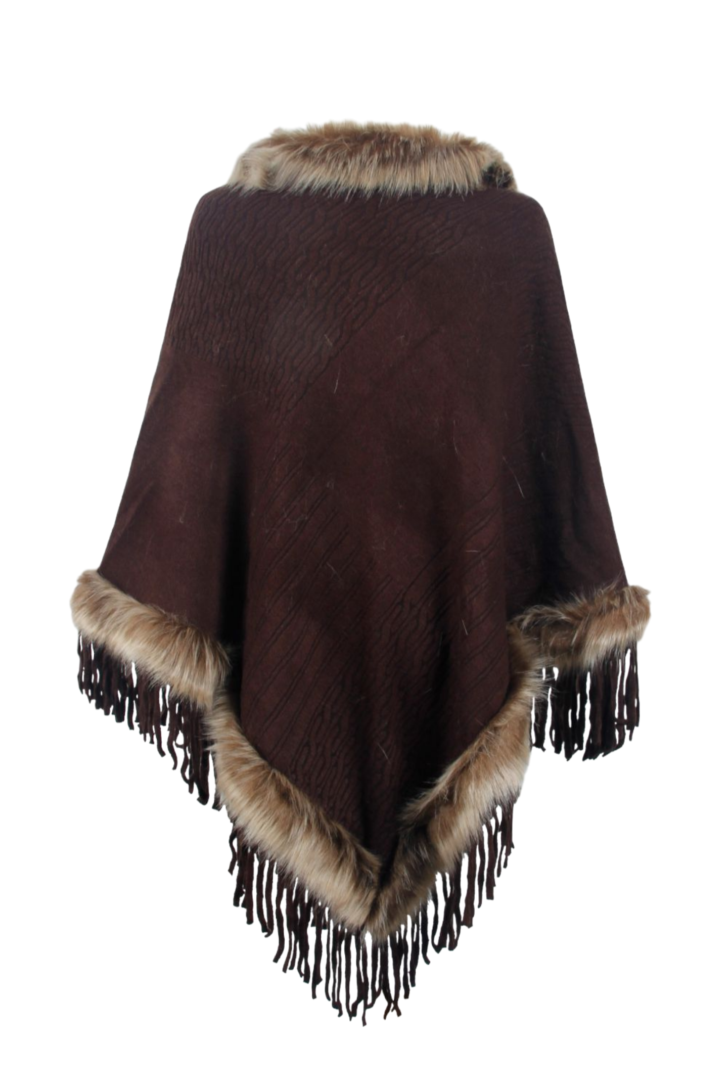 Faux Fur Trim Fringed Poncho