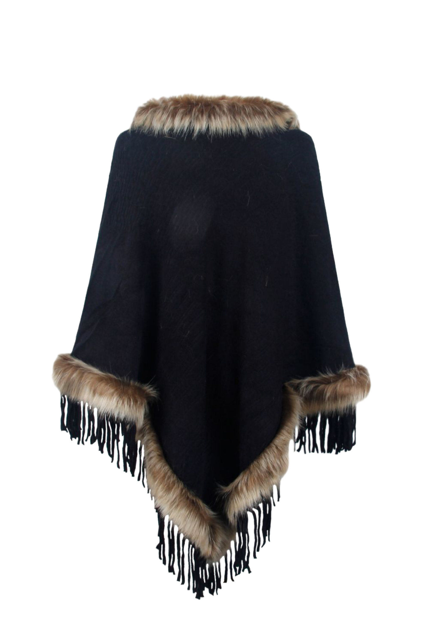 Faux Fur Trim Fringed Poncho