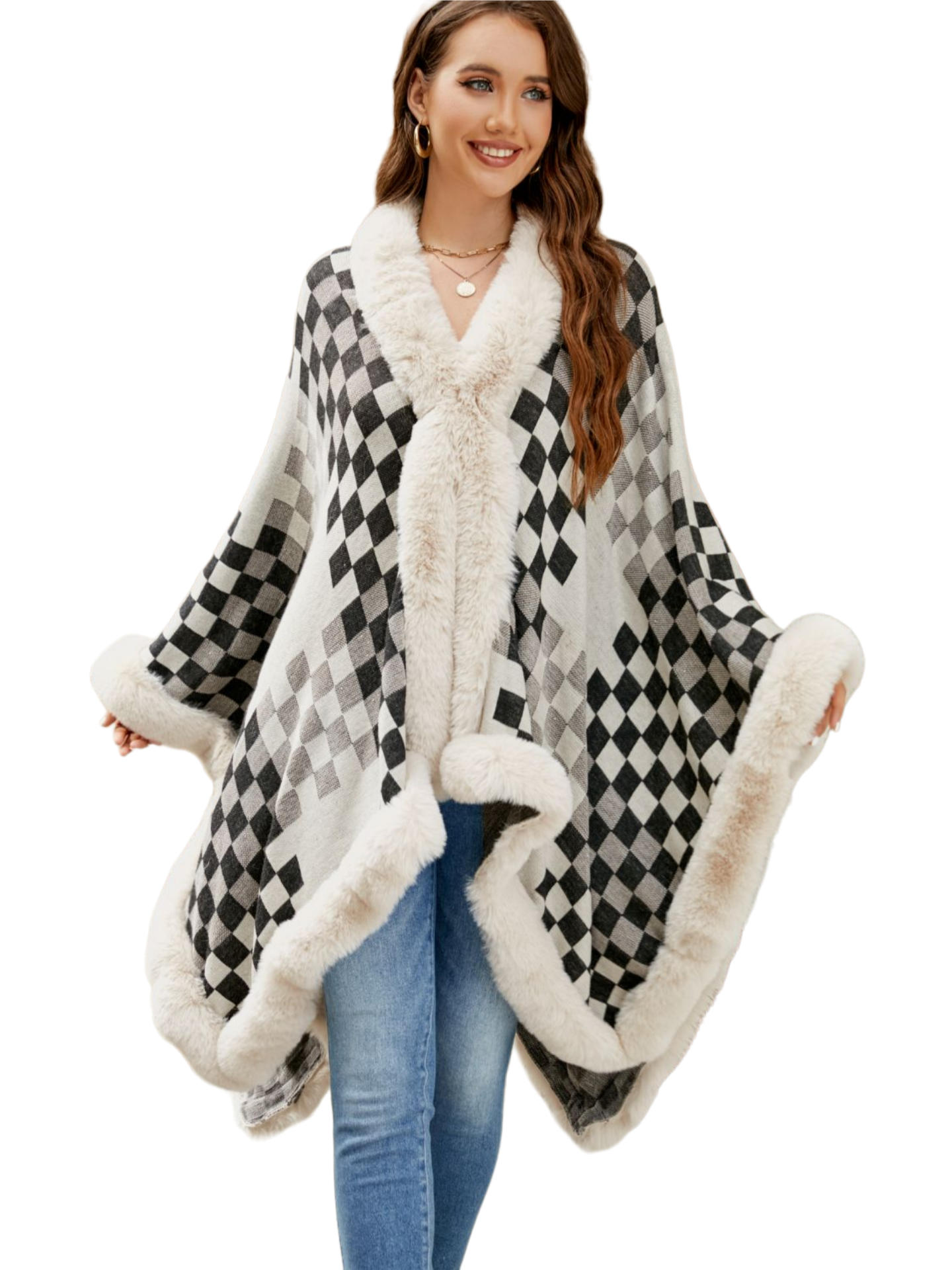 Checkered Faux Fur Trim Poncho