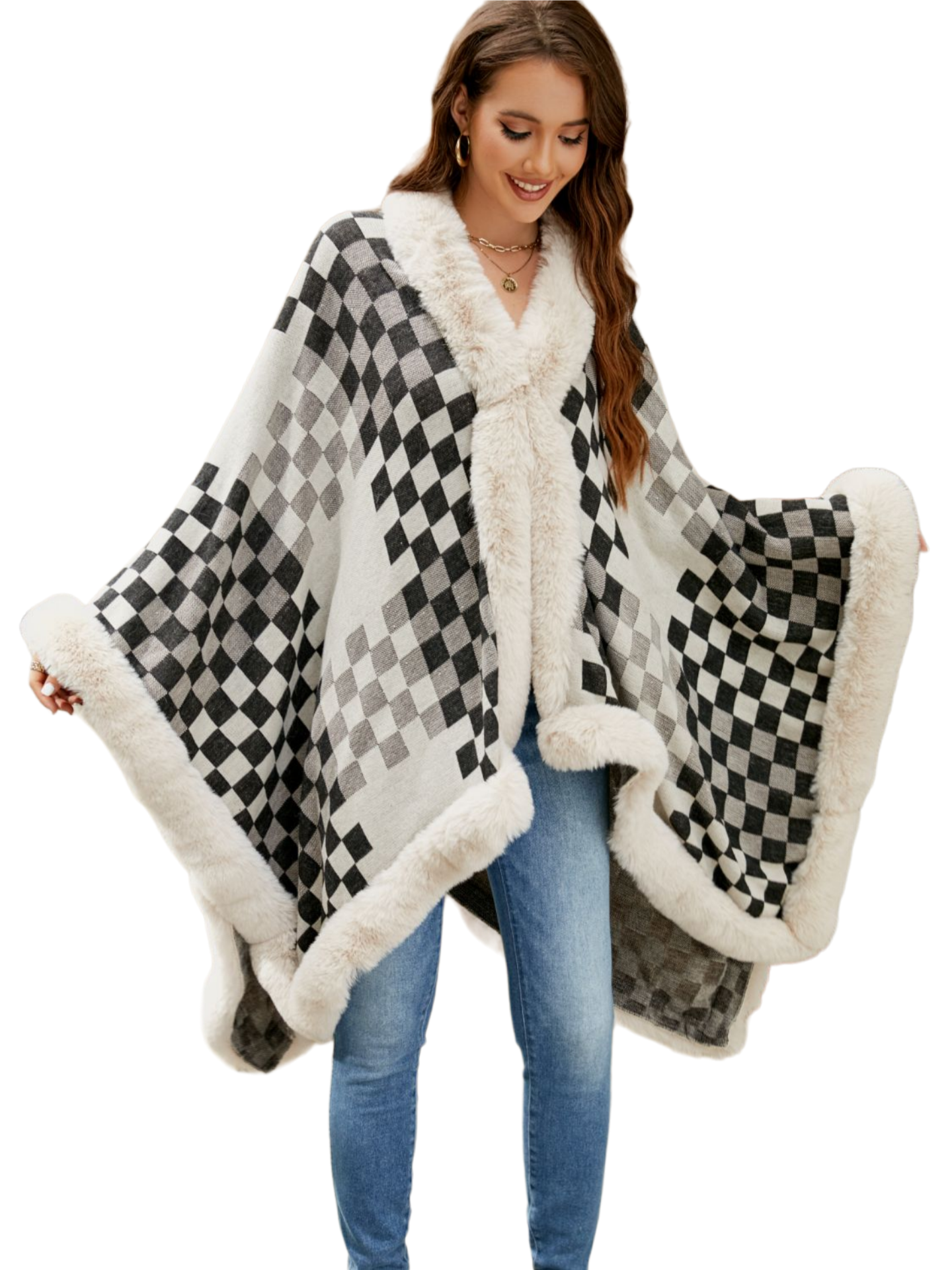 Checkered Faux Fur Trim Poncho