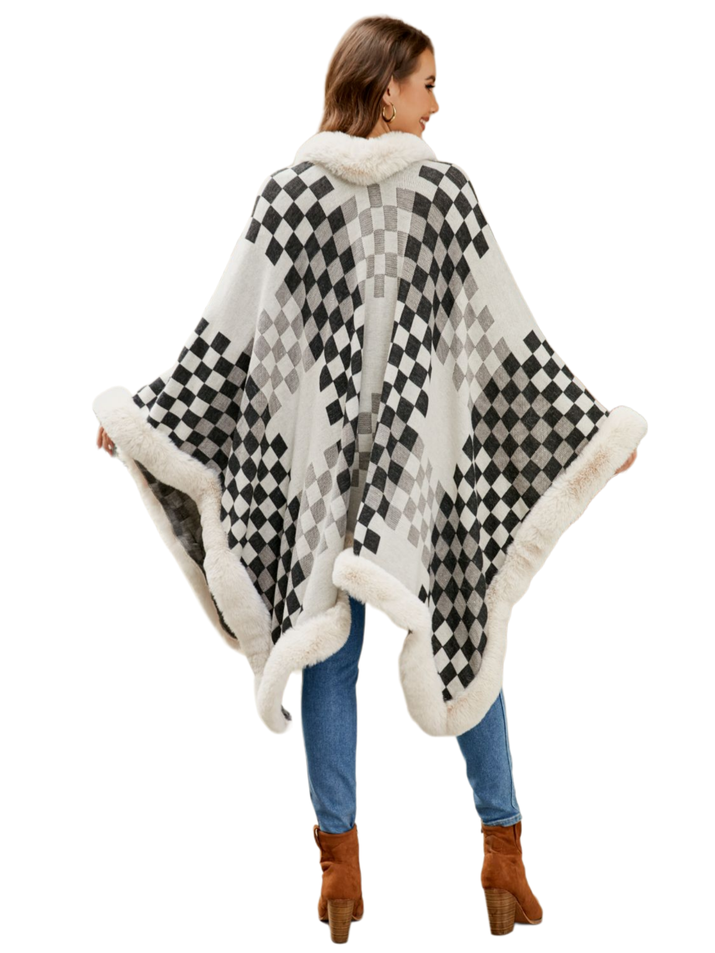 Checkered Faux Fur Trim Poncho