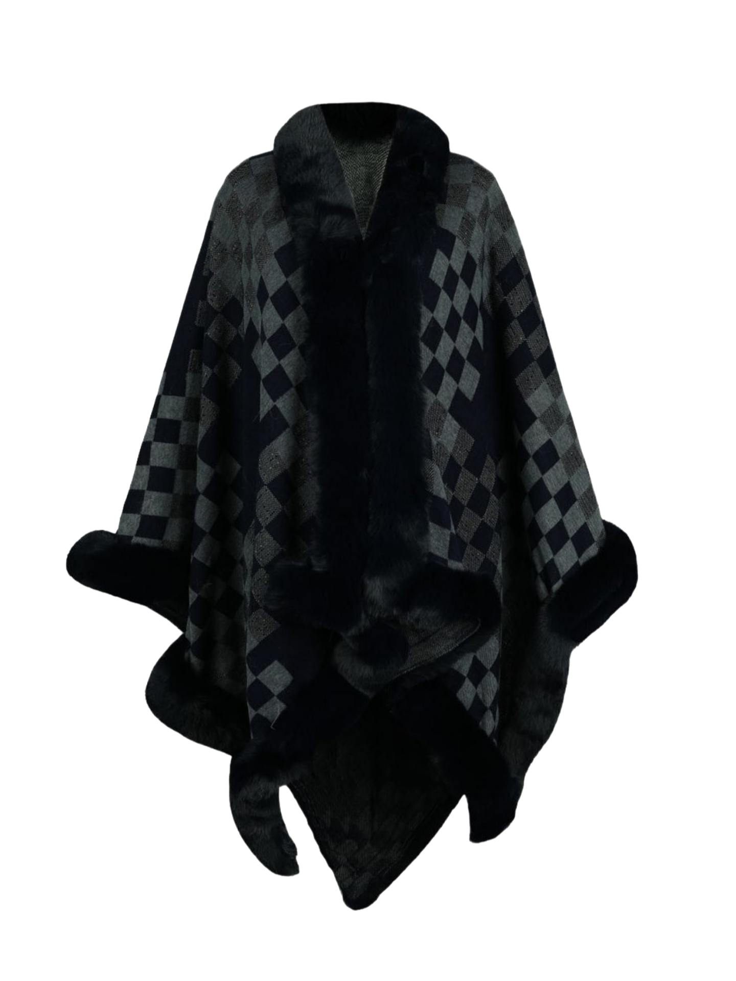 Checkered Faux Fur Trim Poncho