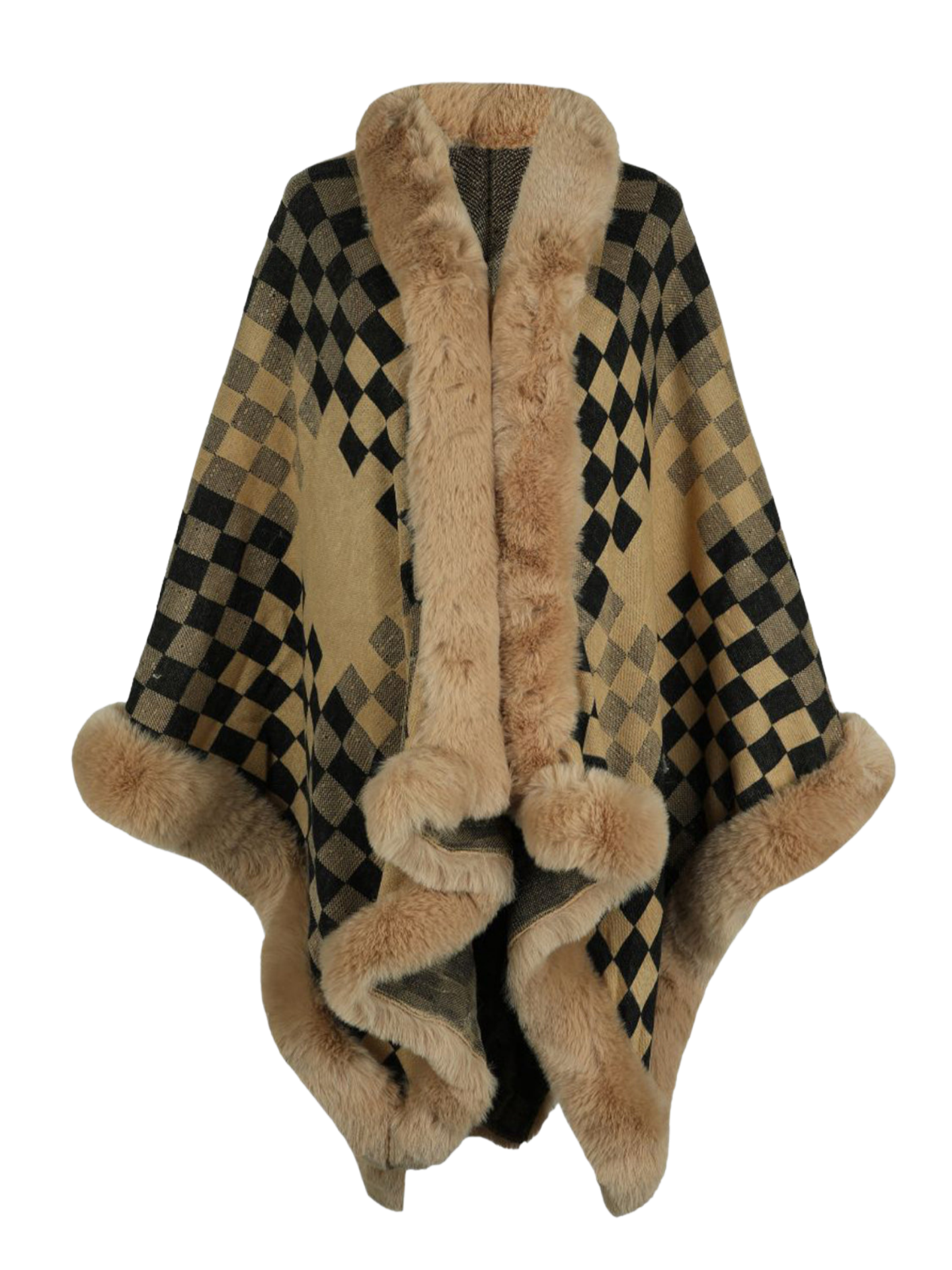 Checkered Faux Fur Trim Poncho