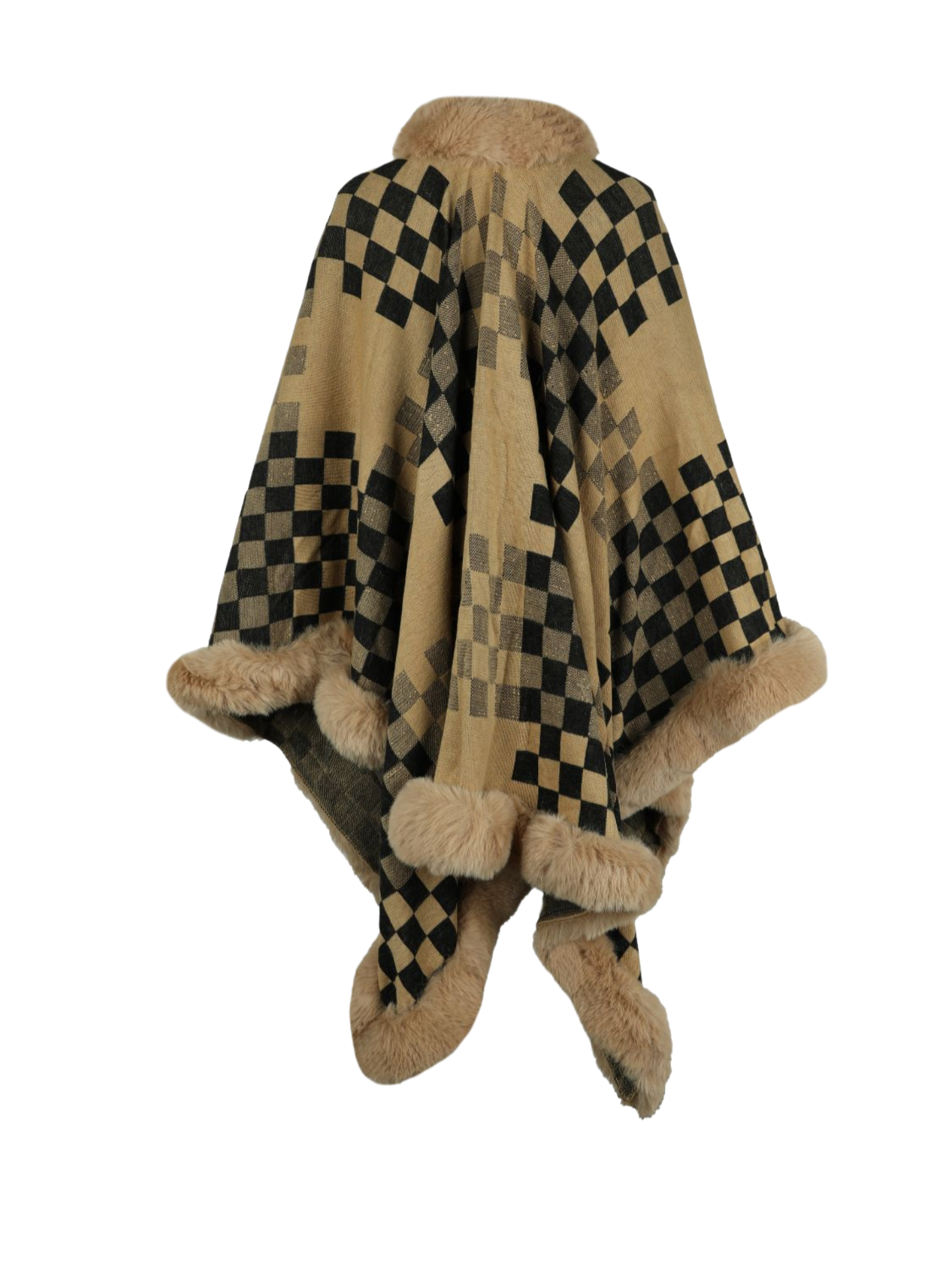 Checkered Faux Fur Trim Poncho