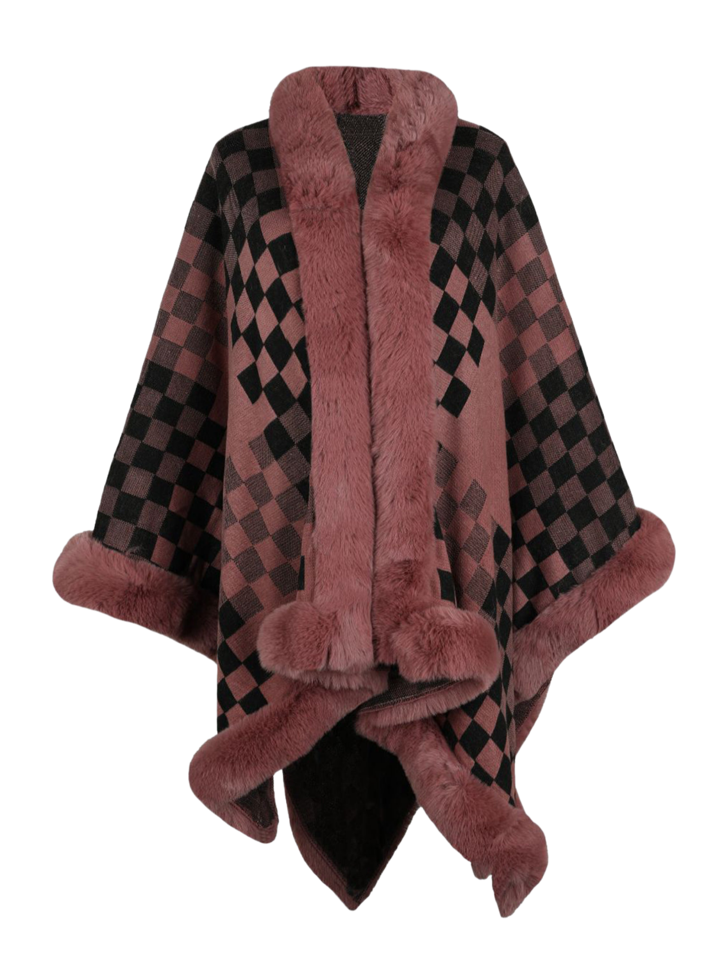 Checkered Faux Fur Trim Poncho