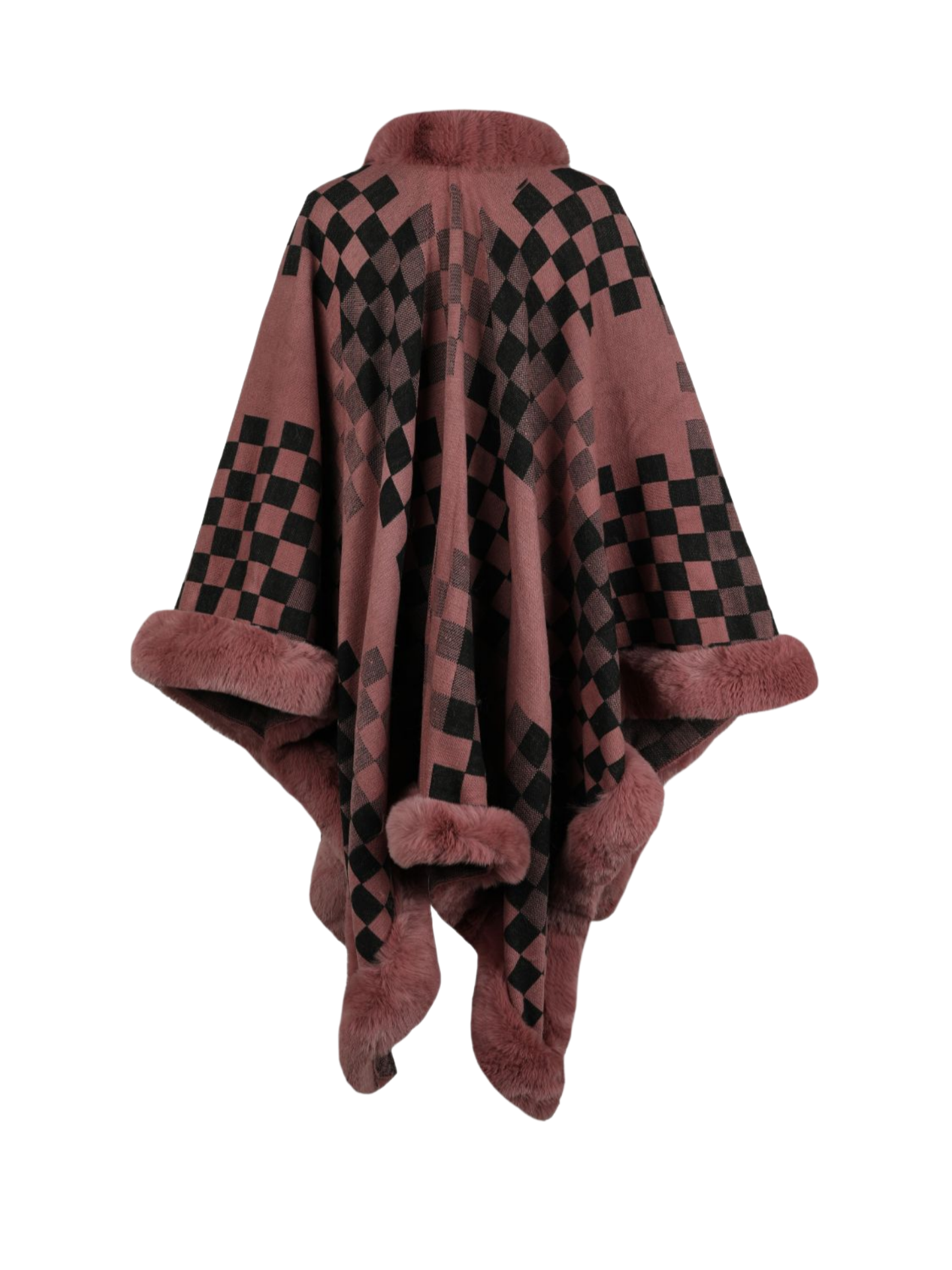 Checkered Faux Fur Trim Poncho