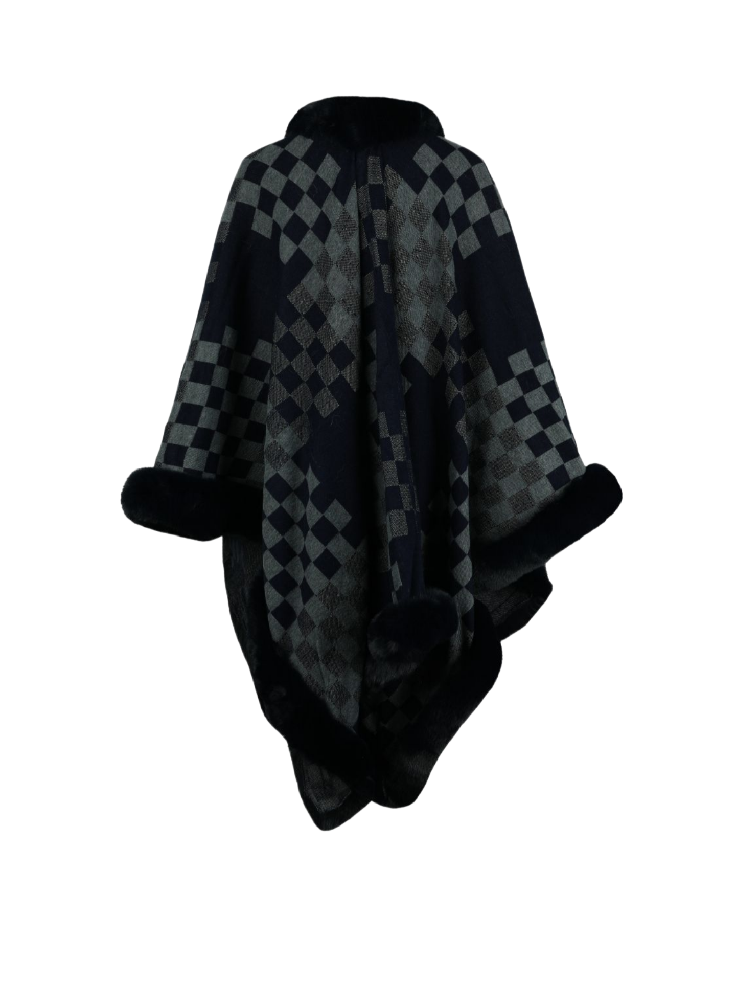 Checkered Faux Fur Trim Poncho