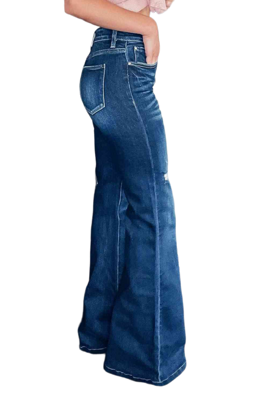 Asymmetrical Open Knee Distressed Flare Jeans