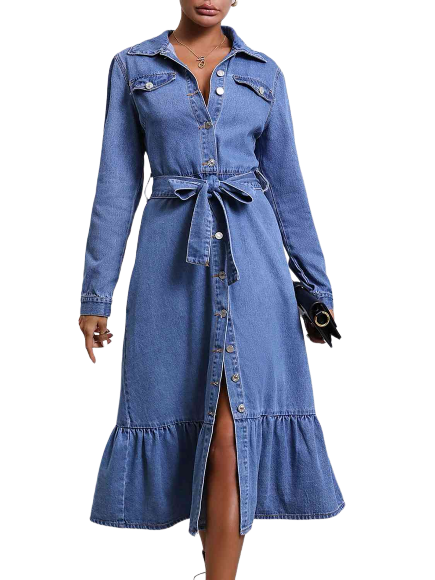 Collared Neck Button Down Denim Dress