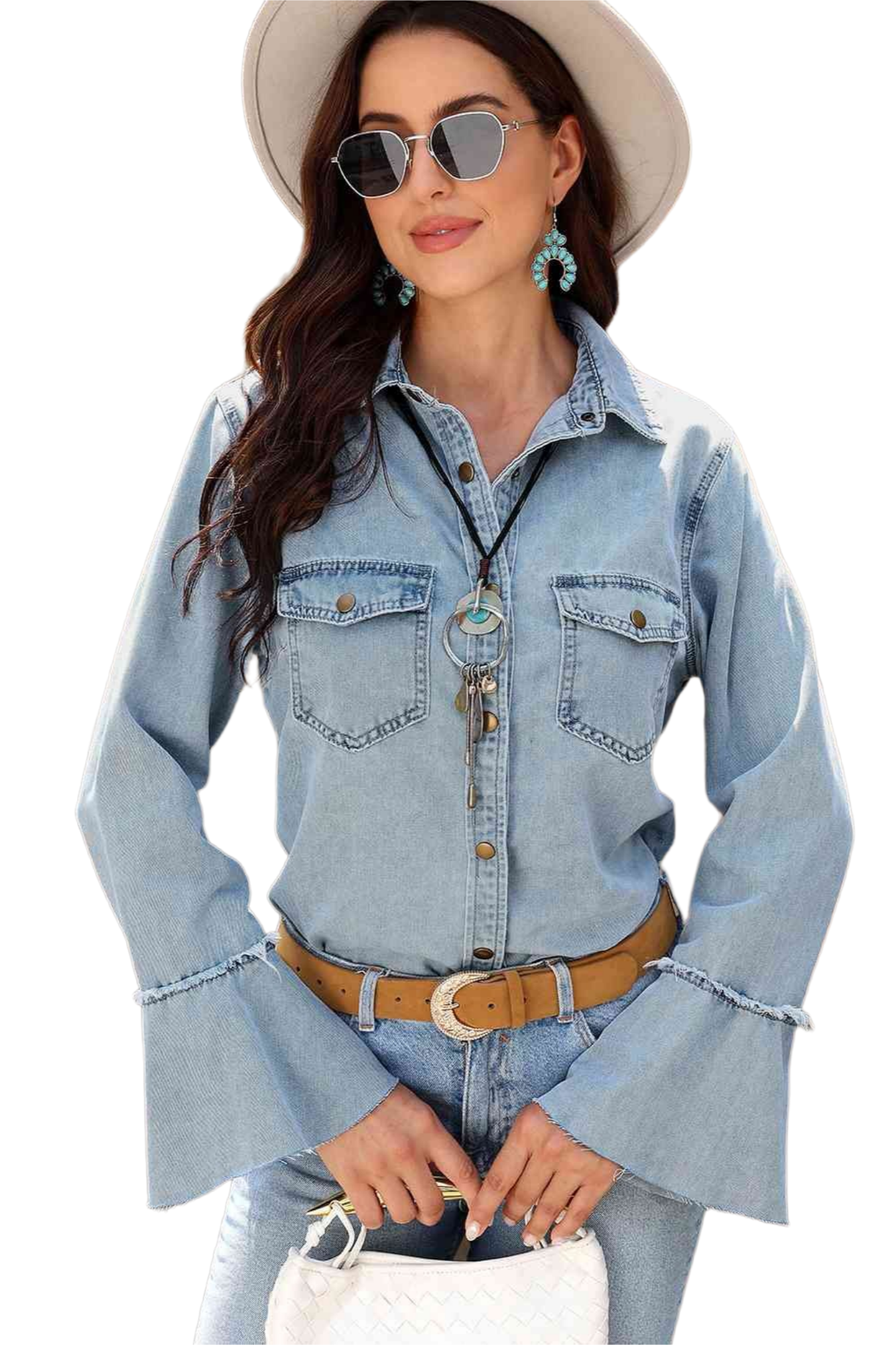 Button Front Flare Sleeve Denim Top