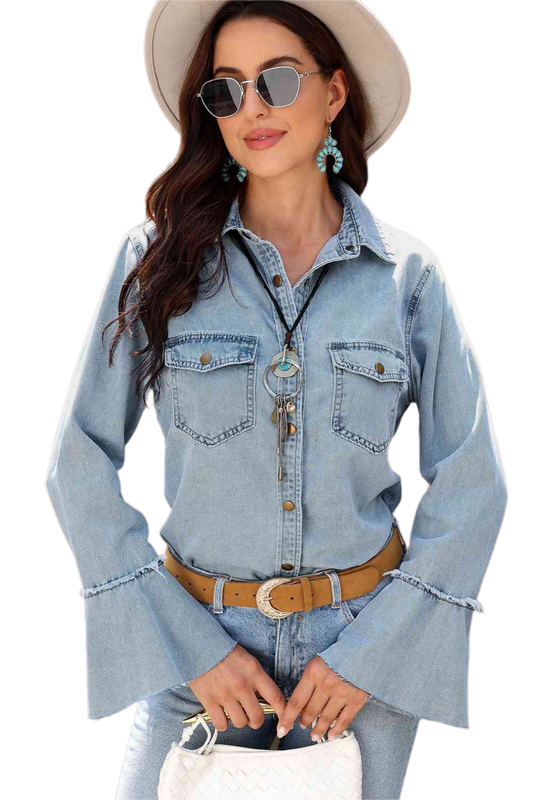 Button Front Flare Sleeve Denim Top