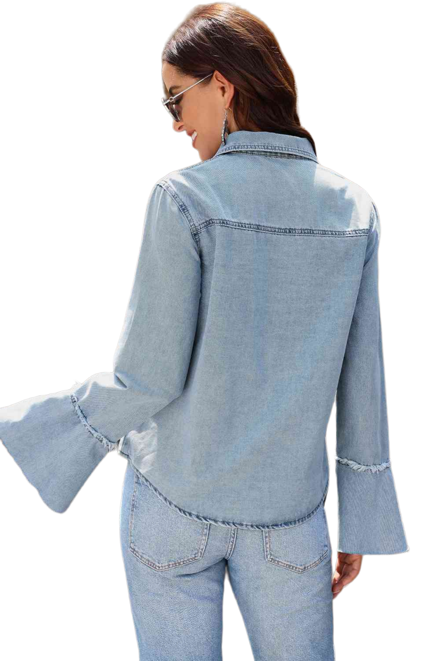 Button Front Flare Sleeve Denim Top