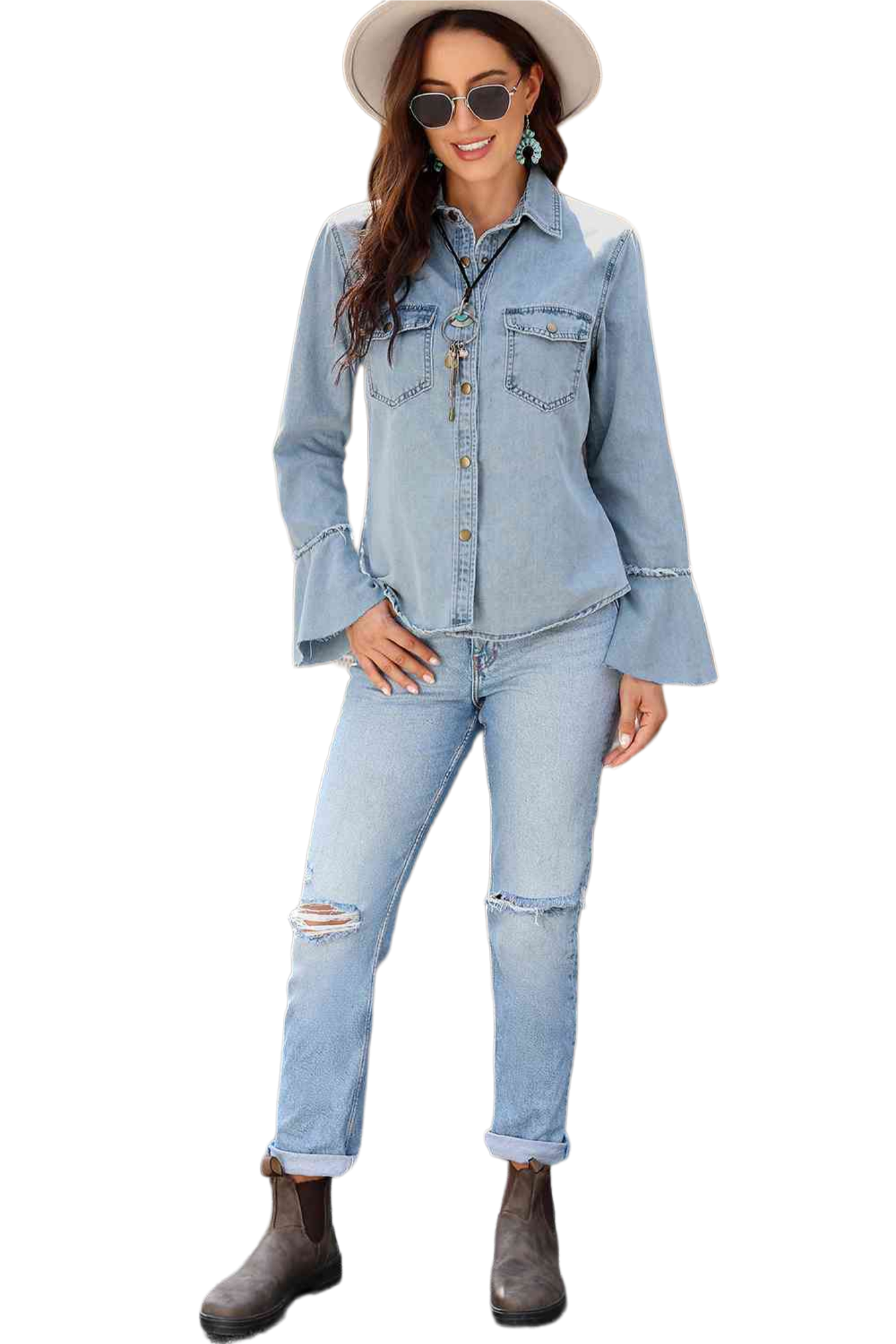 Button Front Flare Sleeve Denim Top