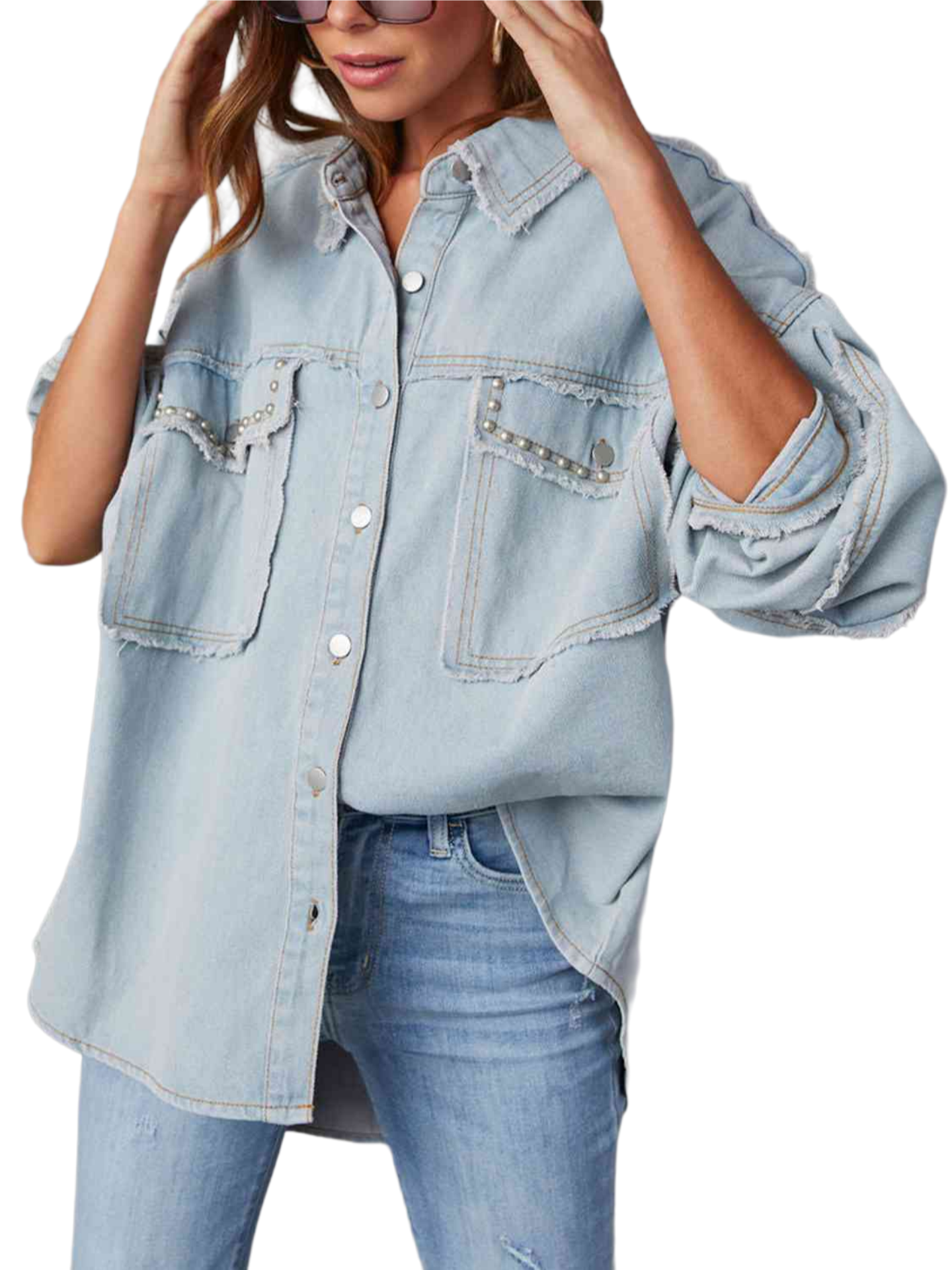 Button Down Raw Hem Denim Shirt