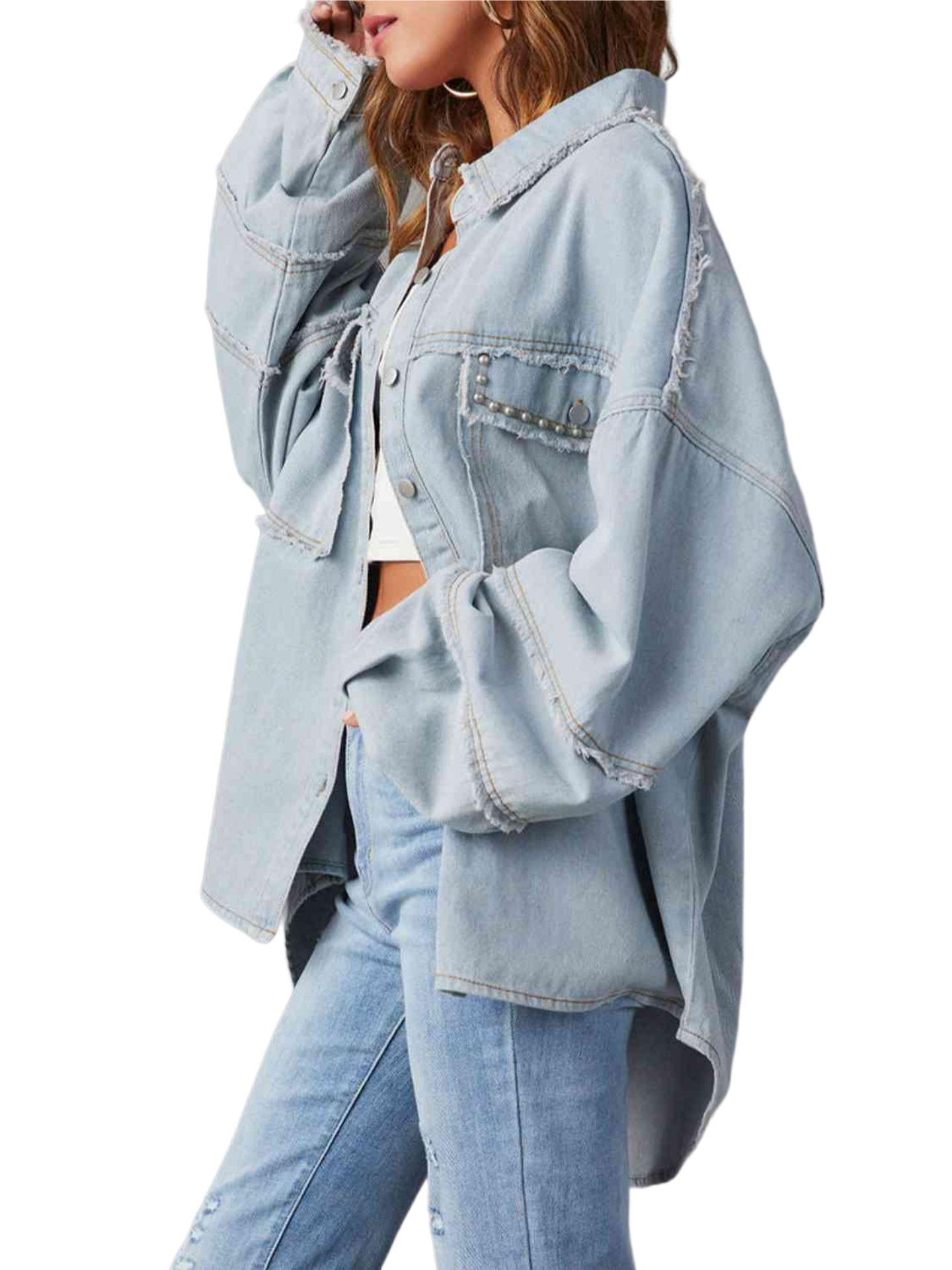 Button Down Raw Hem Denim Shirt