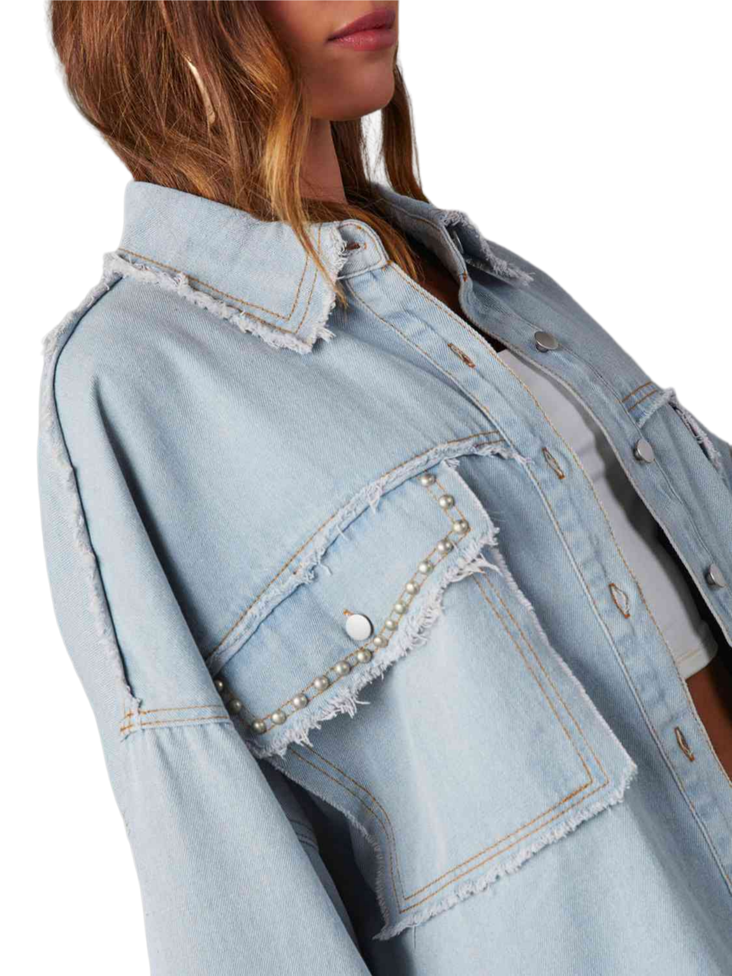 Button Down Raw Hem Denim Shirt