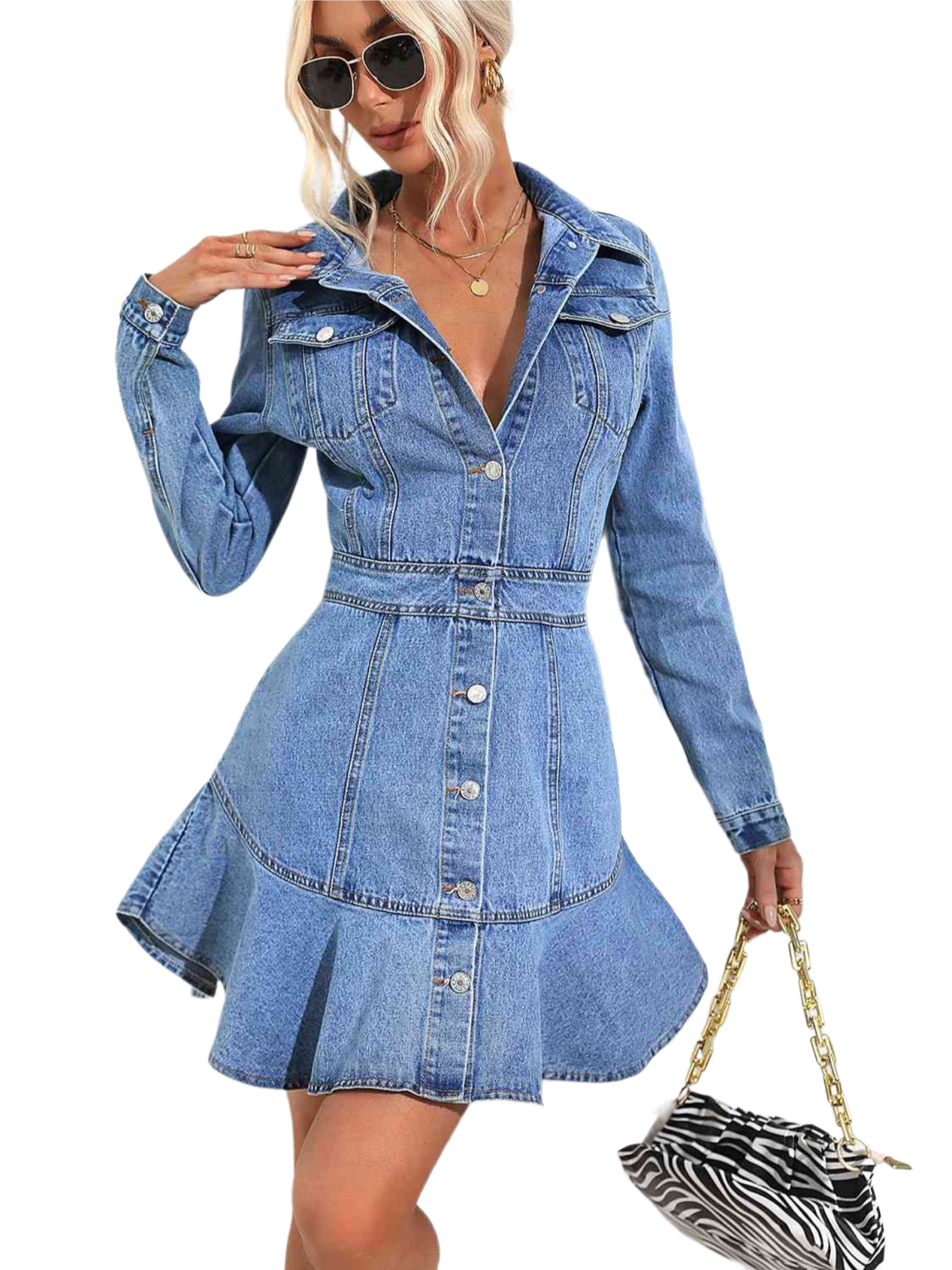 Collared Neck Button Down Denim Dress