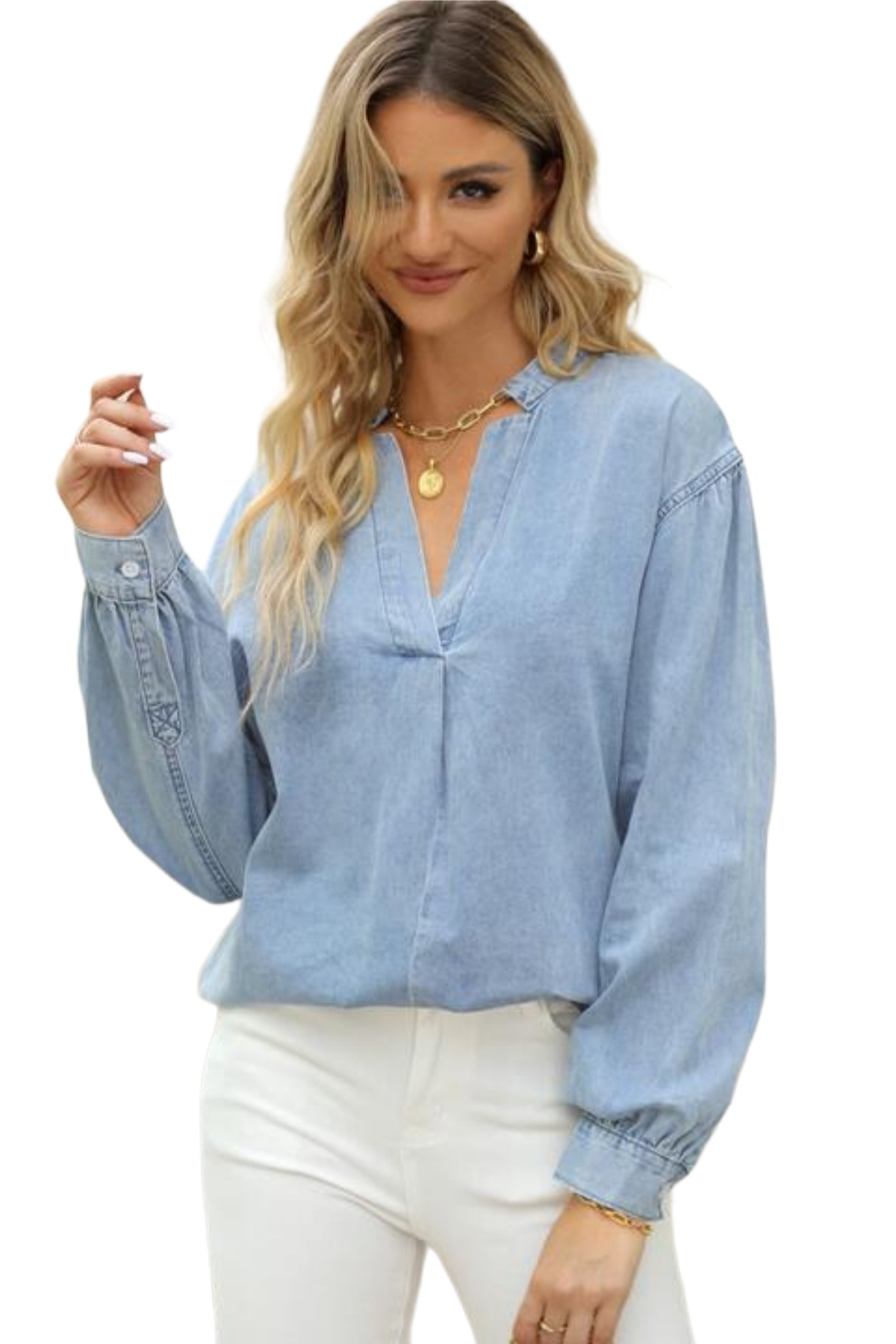 Notched Neck Denim Top