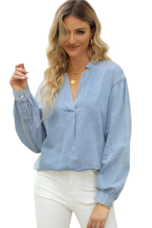 Notched Neck Denim Top