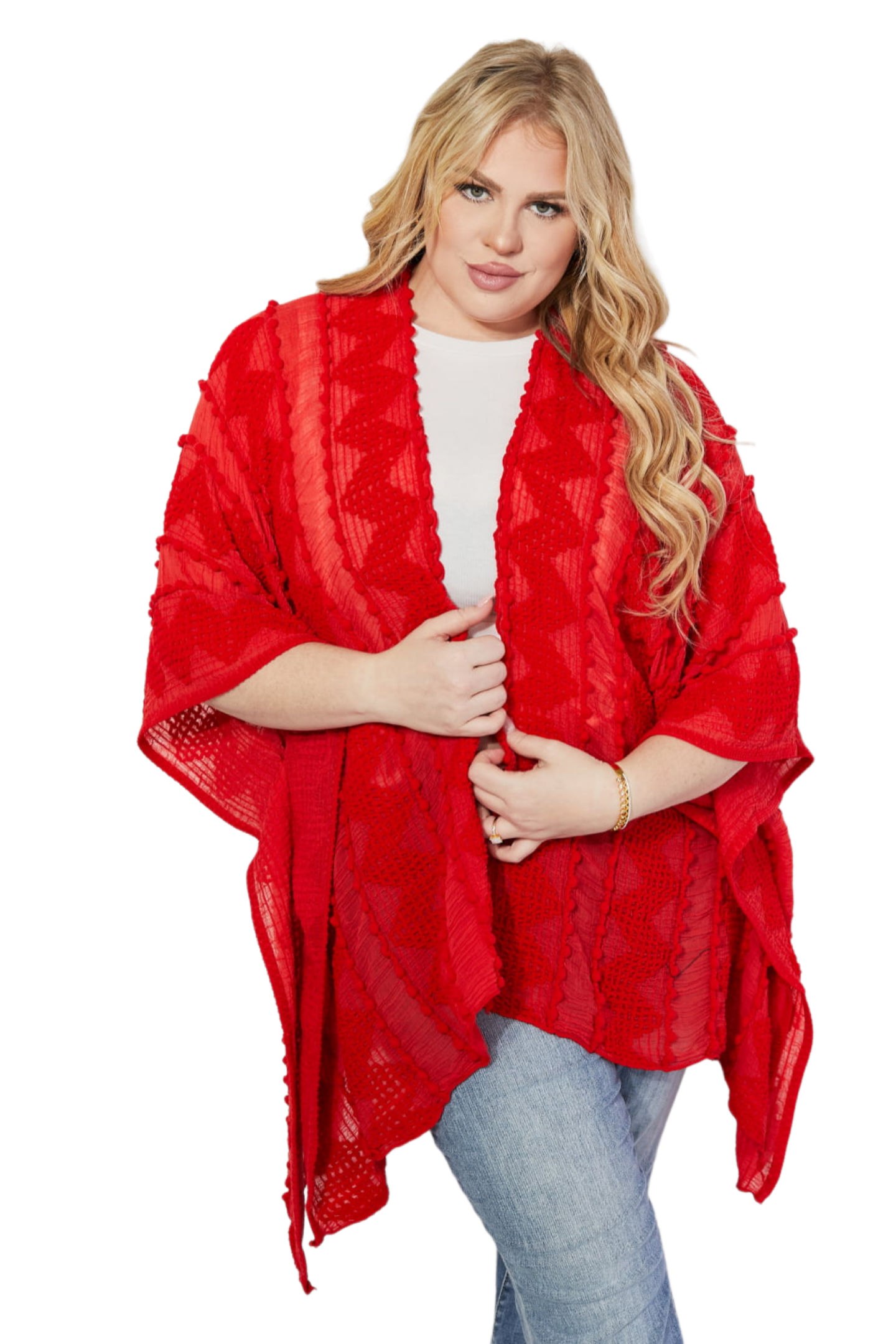 Justin Taylor Pom-Pom Asymmetrical Poncho Cardigan in Red