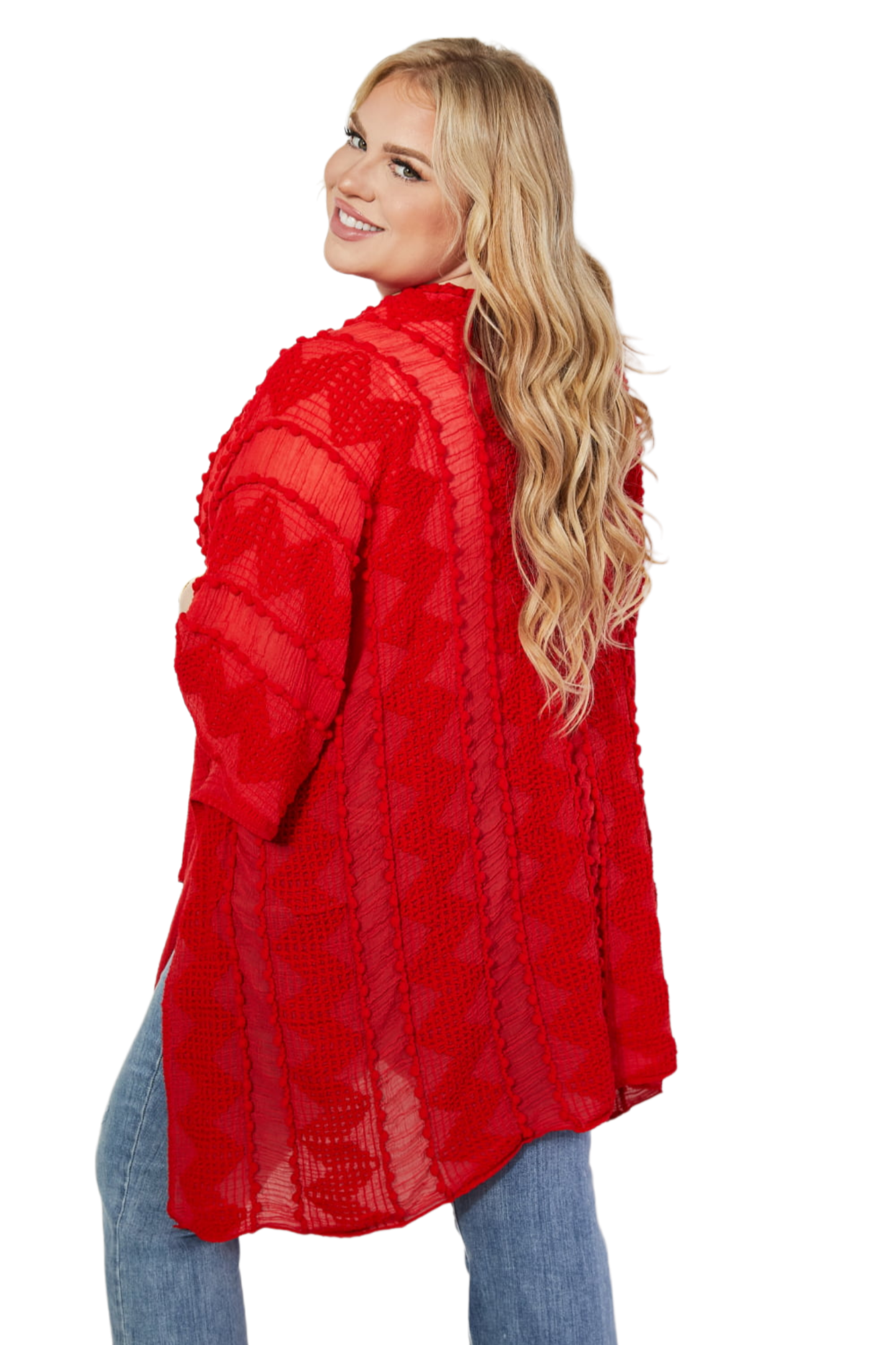 Justin Taylor Pom-Pom Asymmetrical Poncho Cardigan in Red