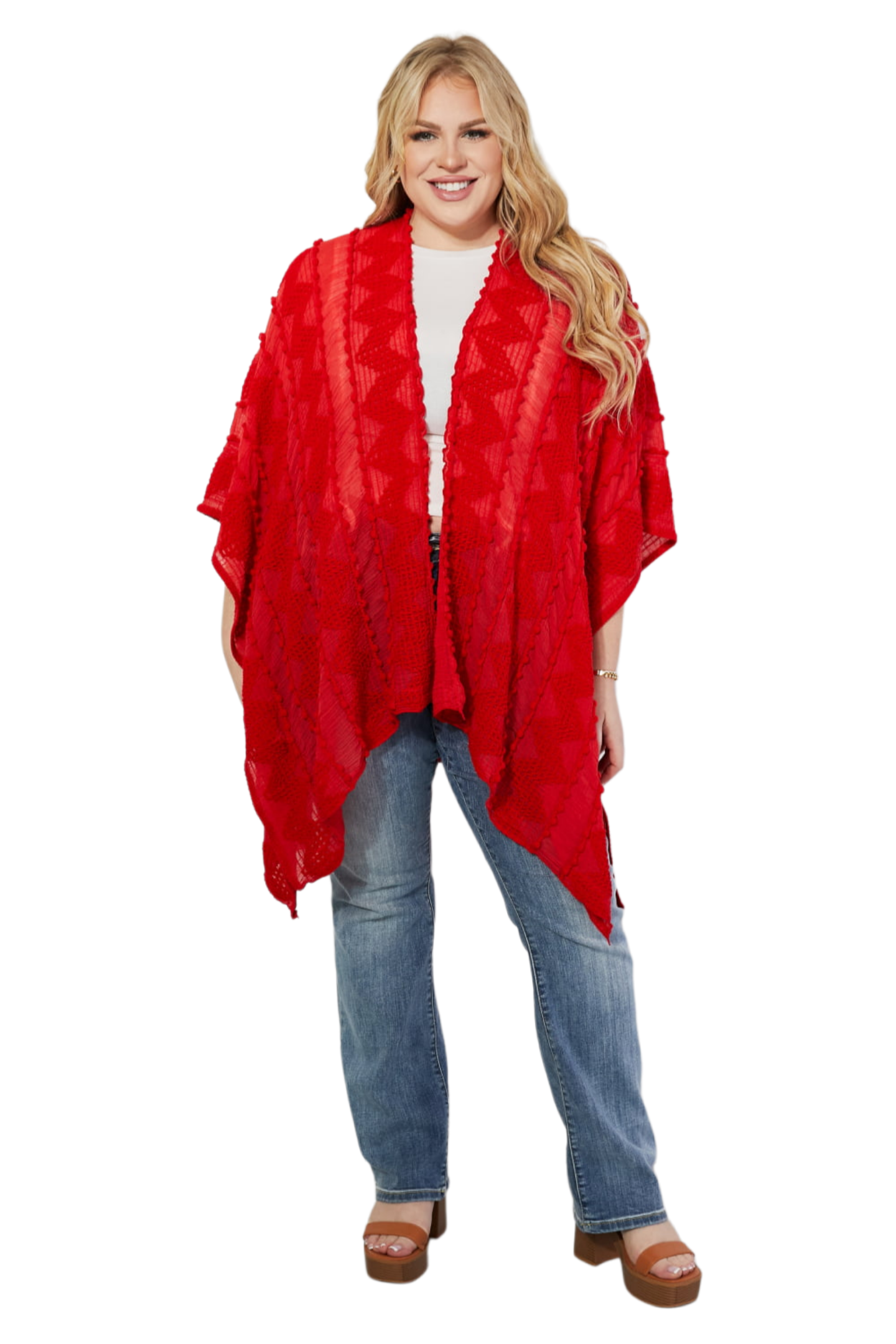 Justin Taylor Pom-Pom Asymmetrical Poncho Cardigan in Red