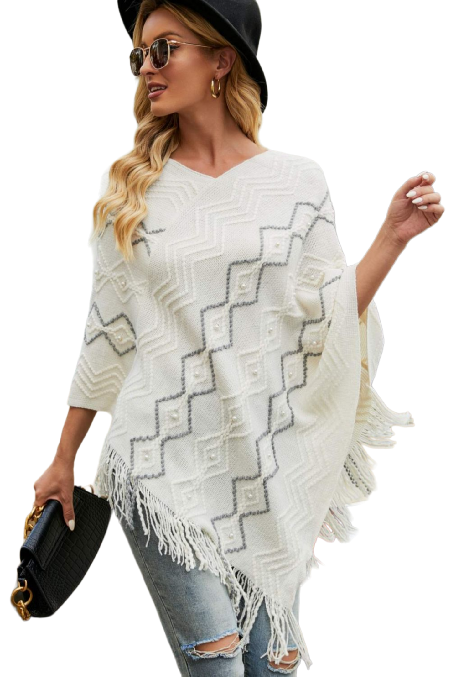 Pearl Trim V-Neck Fringe Hem Poncho