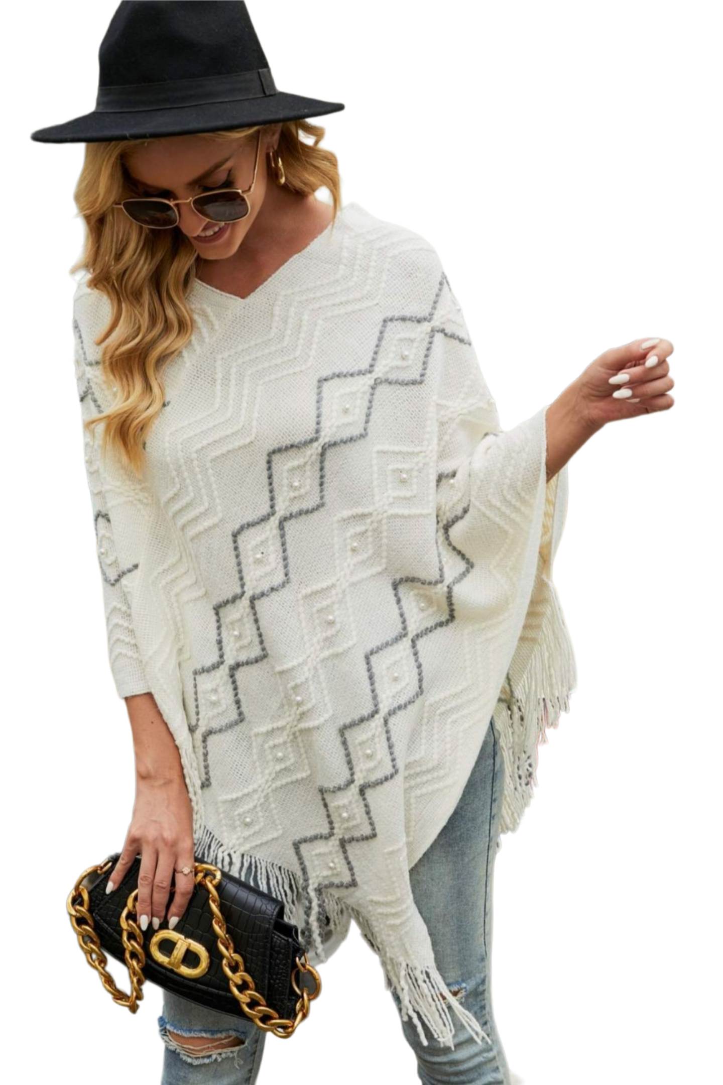 Pearl Trim V-Neck Fringe Hem Poncho