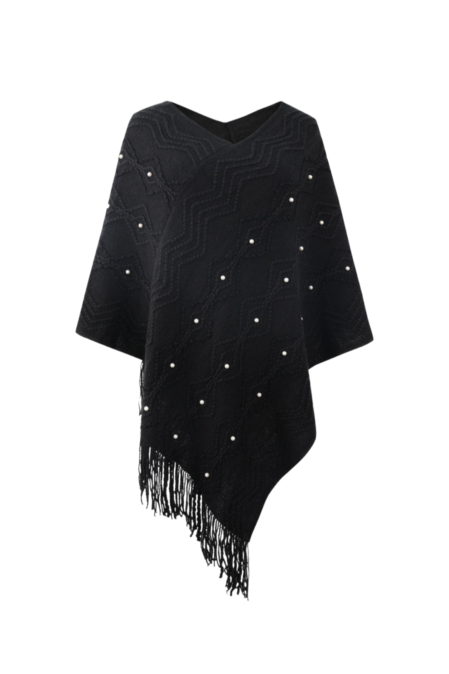 Pearl Trim V-Neck Fringe Hem Poncho