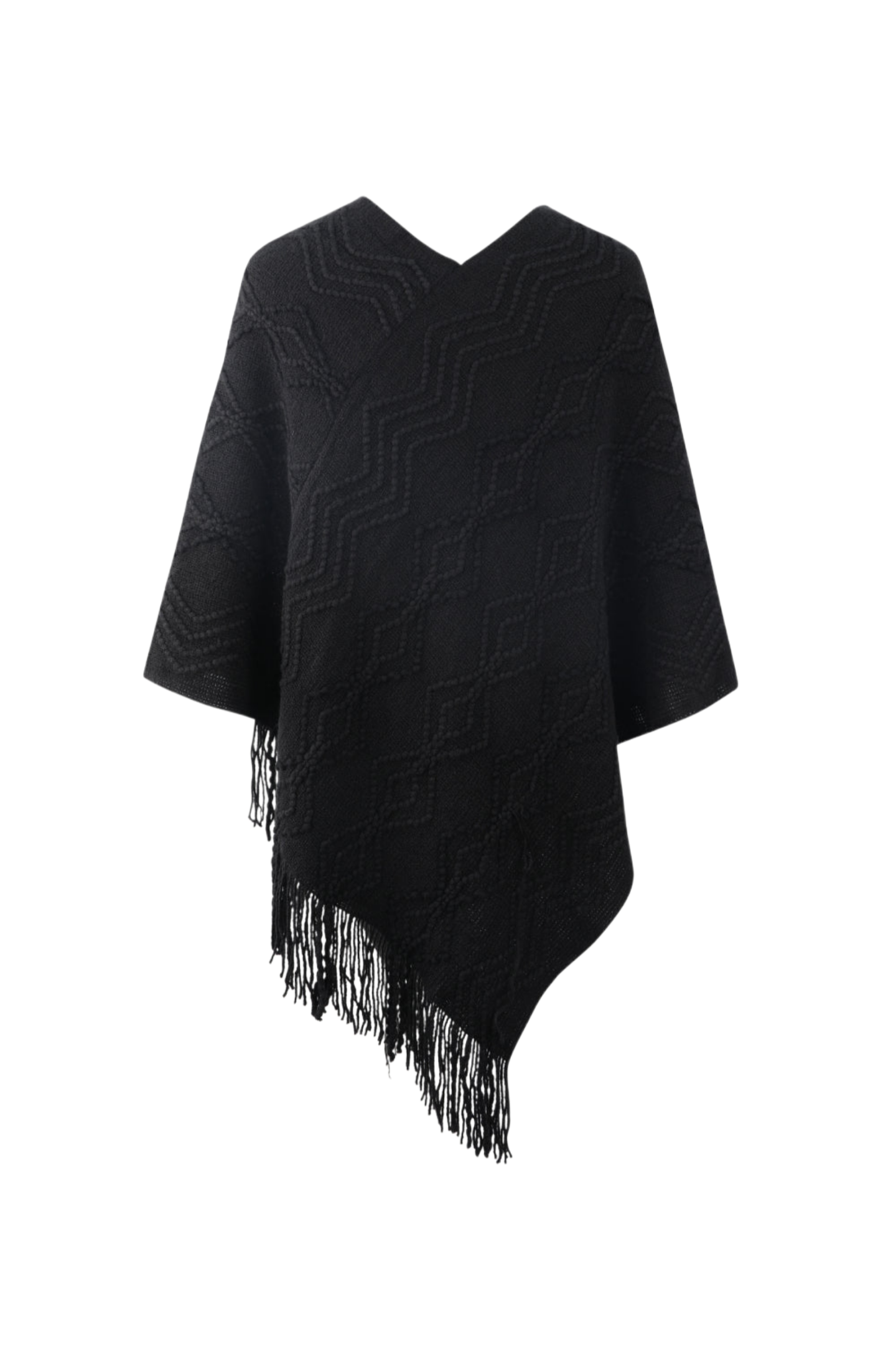 Pearl Trim V-Neck Fringe Hem Poncho