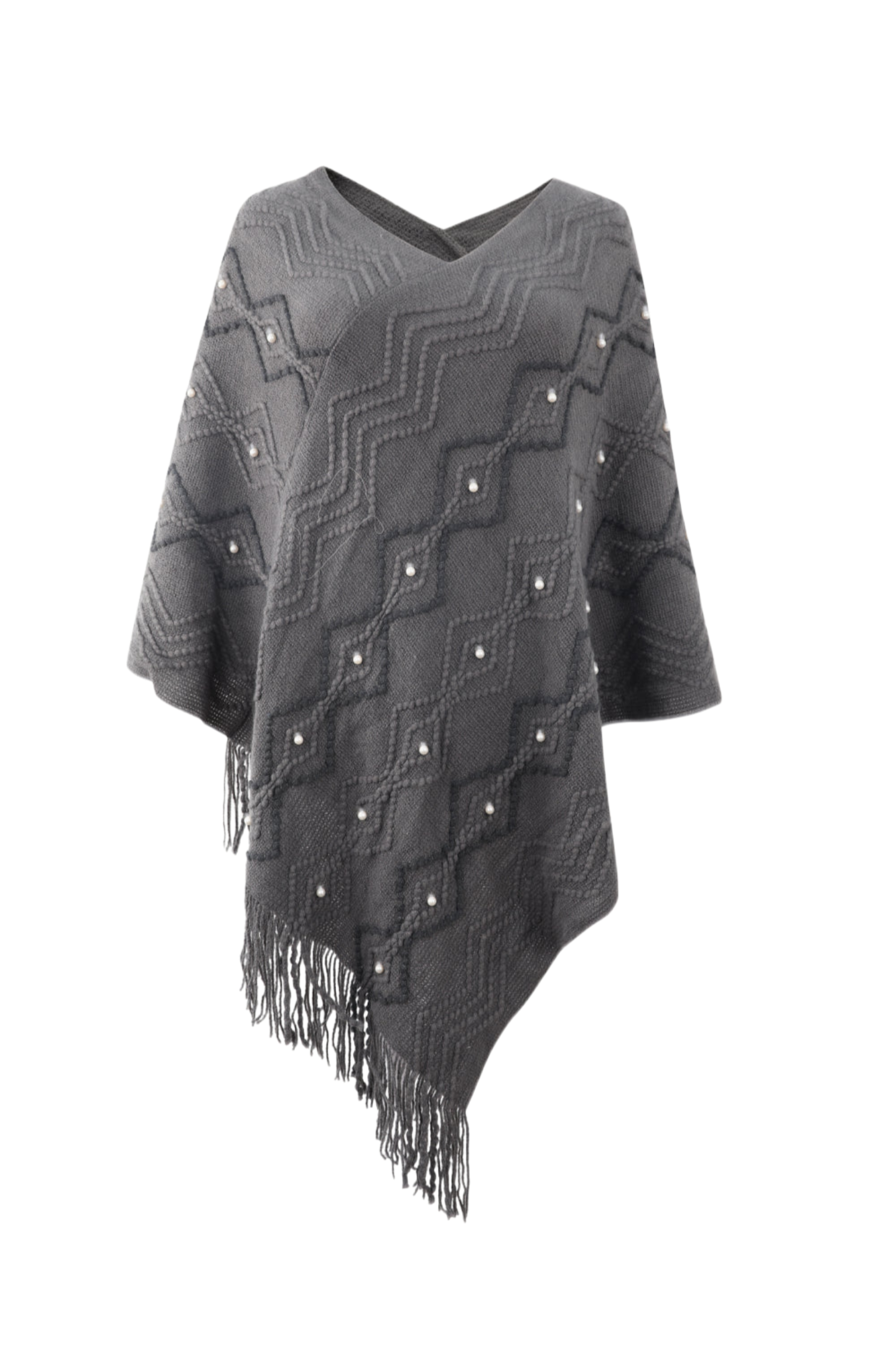 Pearl Trim V-Neck Fringe Hem Poncho