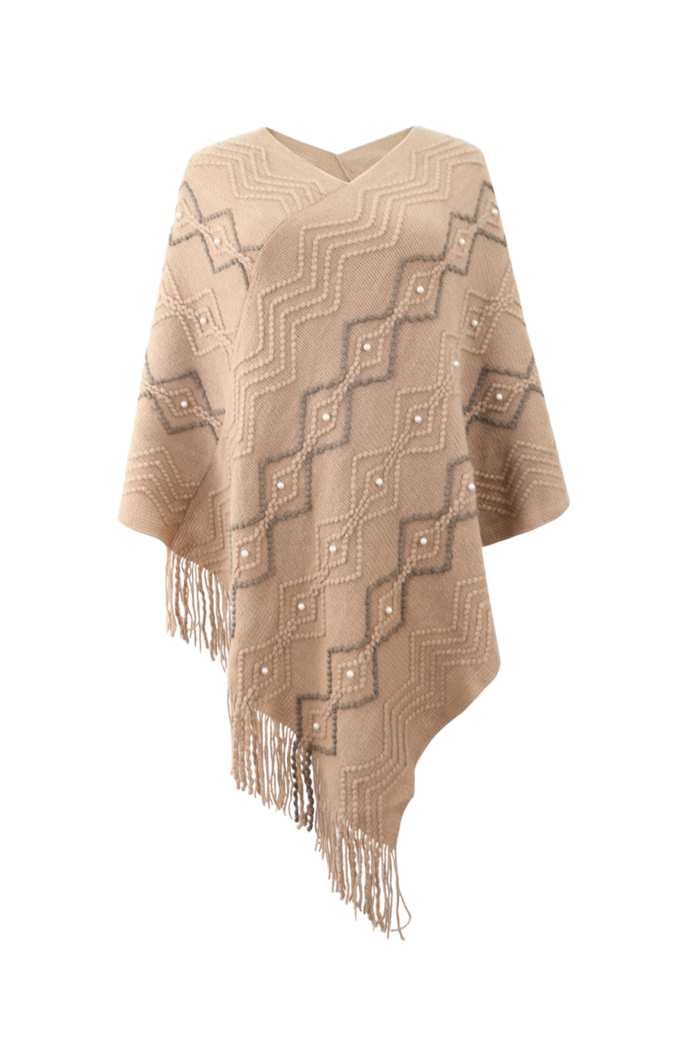 Pearl Trim V-Neck Fringe Hem Poncho