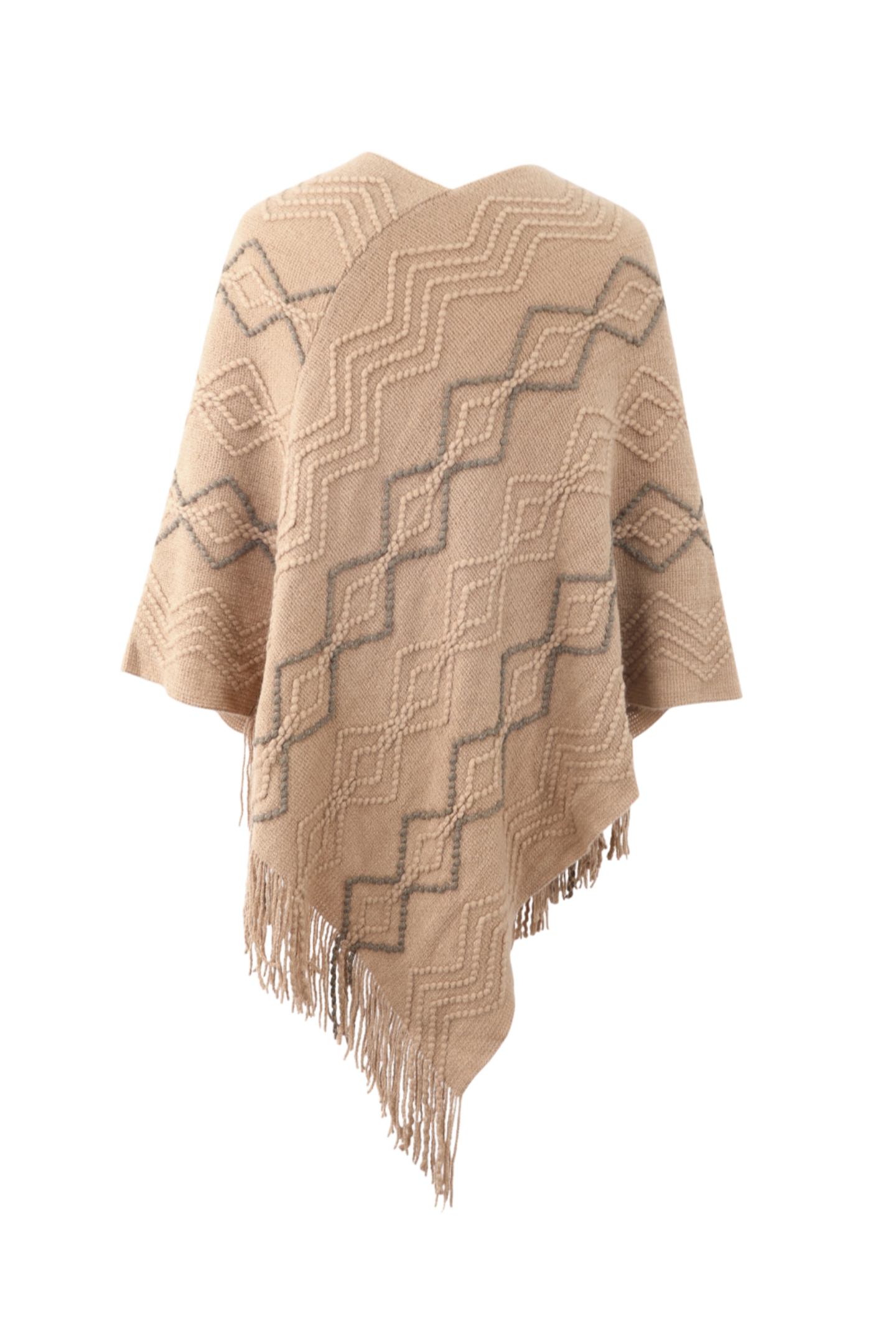 Pearl Trim V-Neck Fringe Hem Poncho