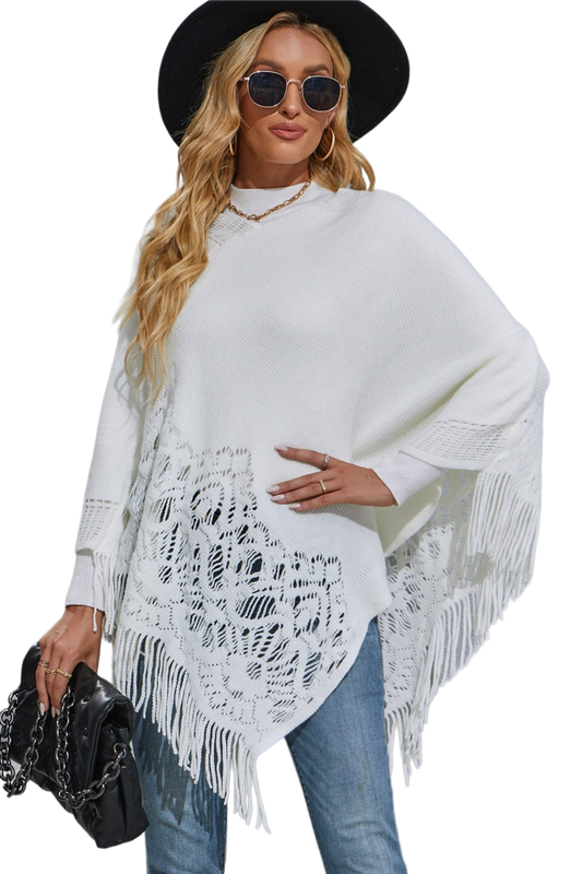 Round Neck Fringe Detail Poncho