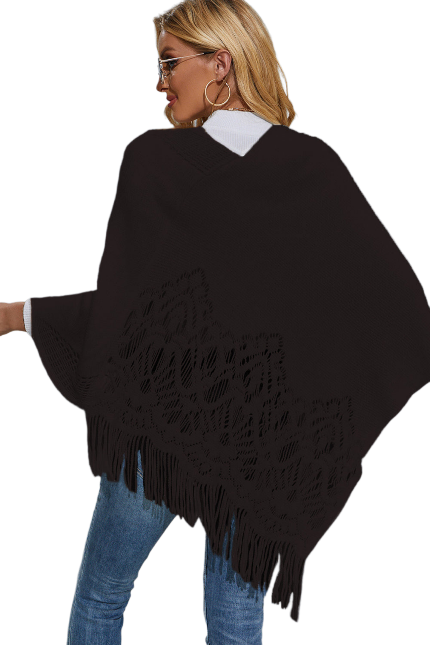 Round Neck Fringe Detail Poncho