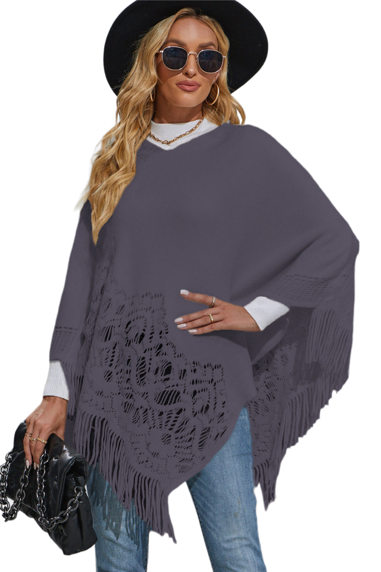 Round Neck Fringe Detail Poncho