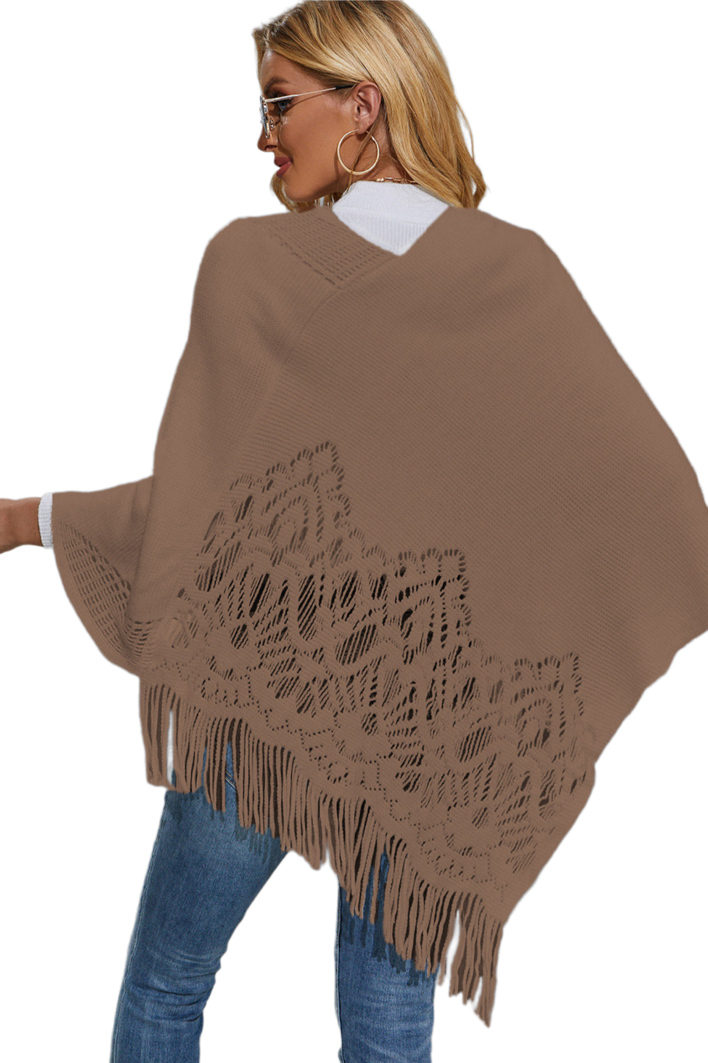 Round Neck Fringe Detail Poncho