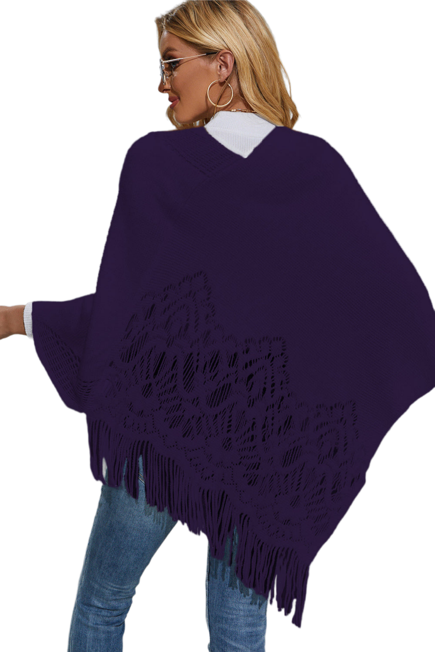 Round Neck Fringe Detail Poncho