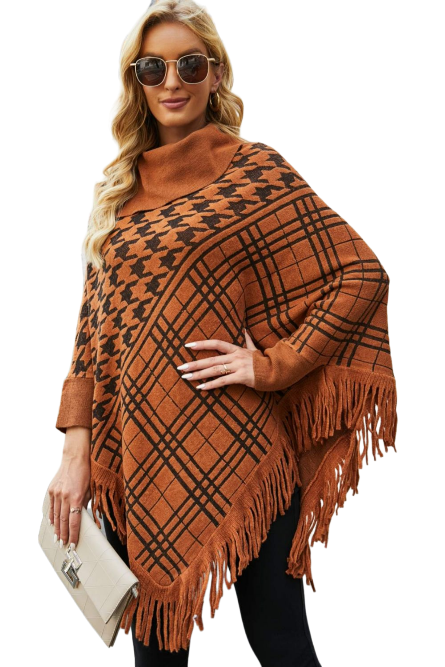 Houndstooth Turtleneck Fringe Hem Poncho