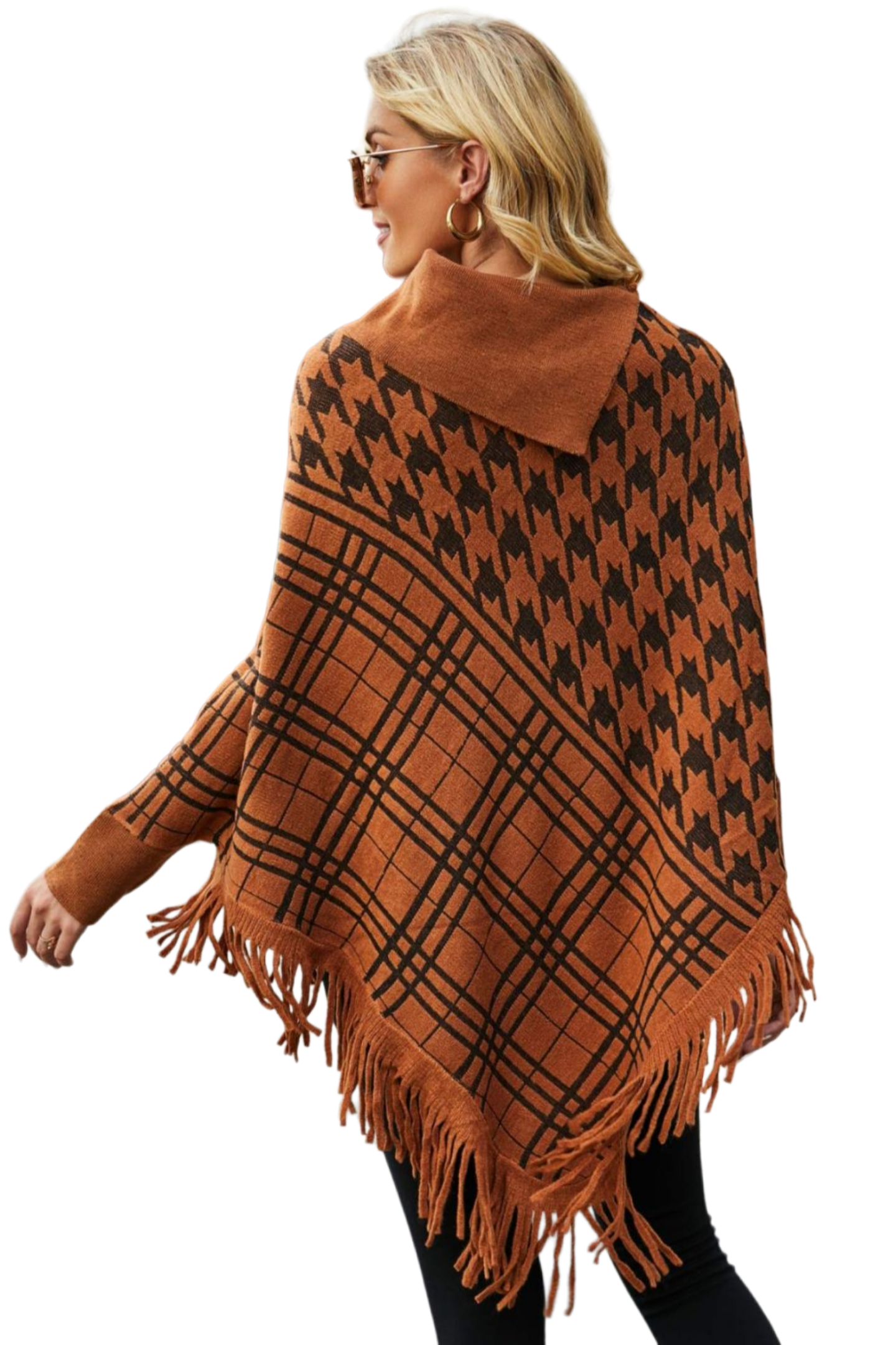 Houndstooth Turtleneck Fringe Hem Poncho