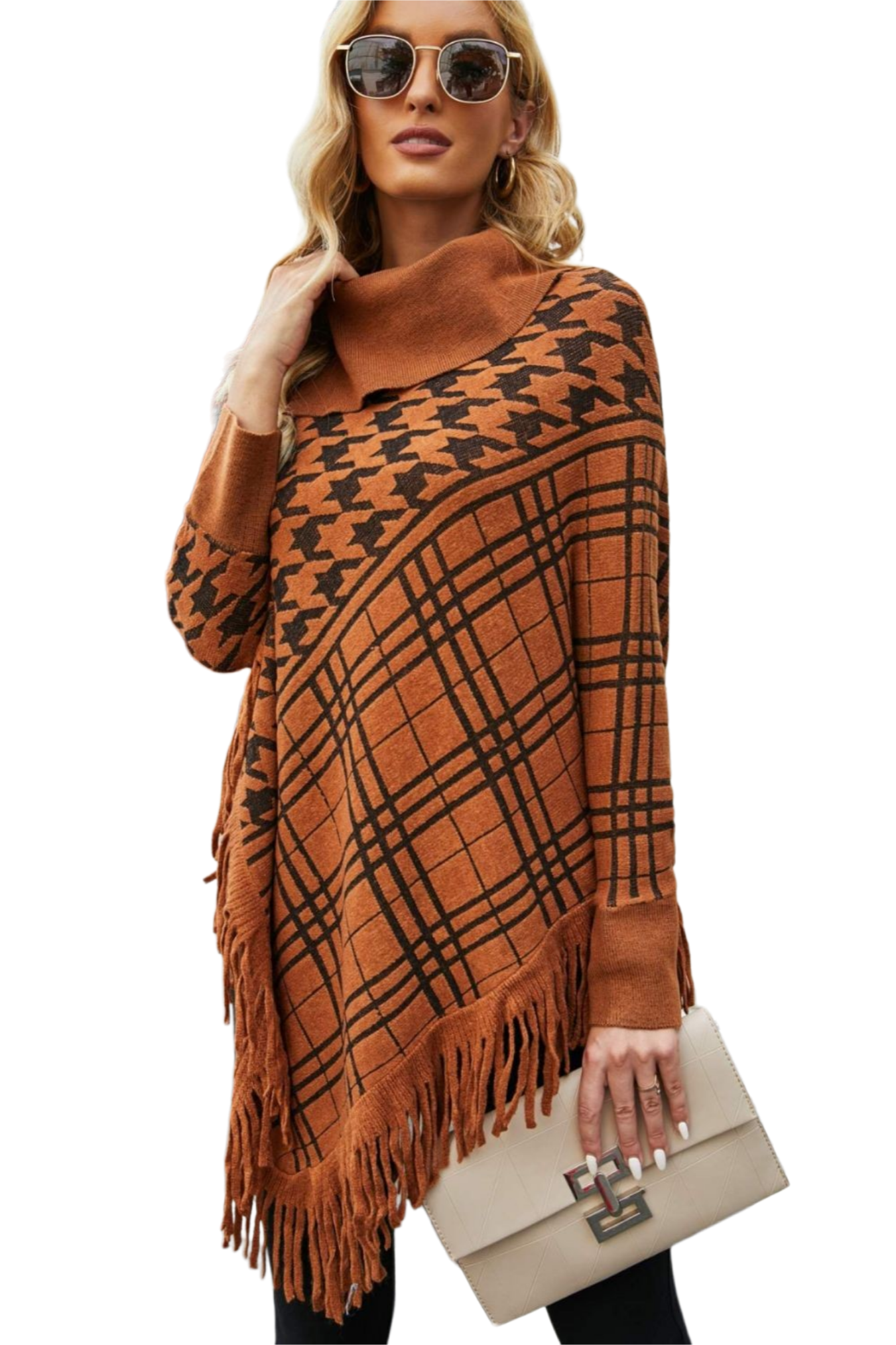 Houndstooth Turtleneck Fringe Hem Poncho