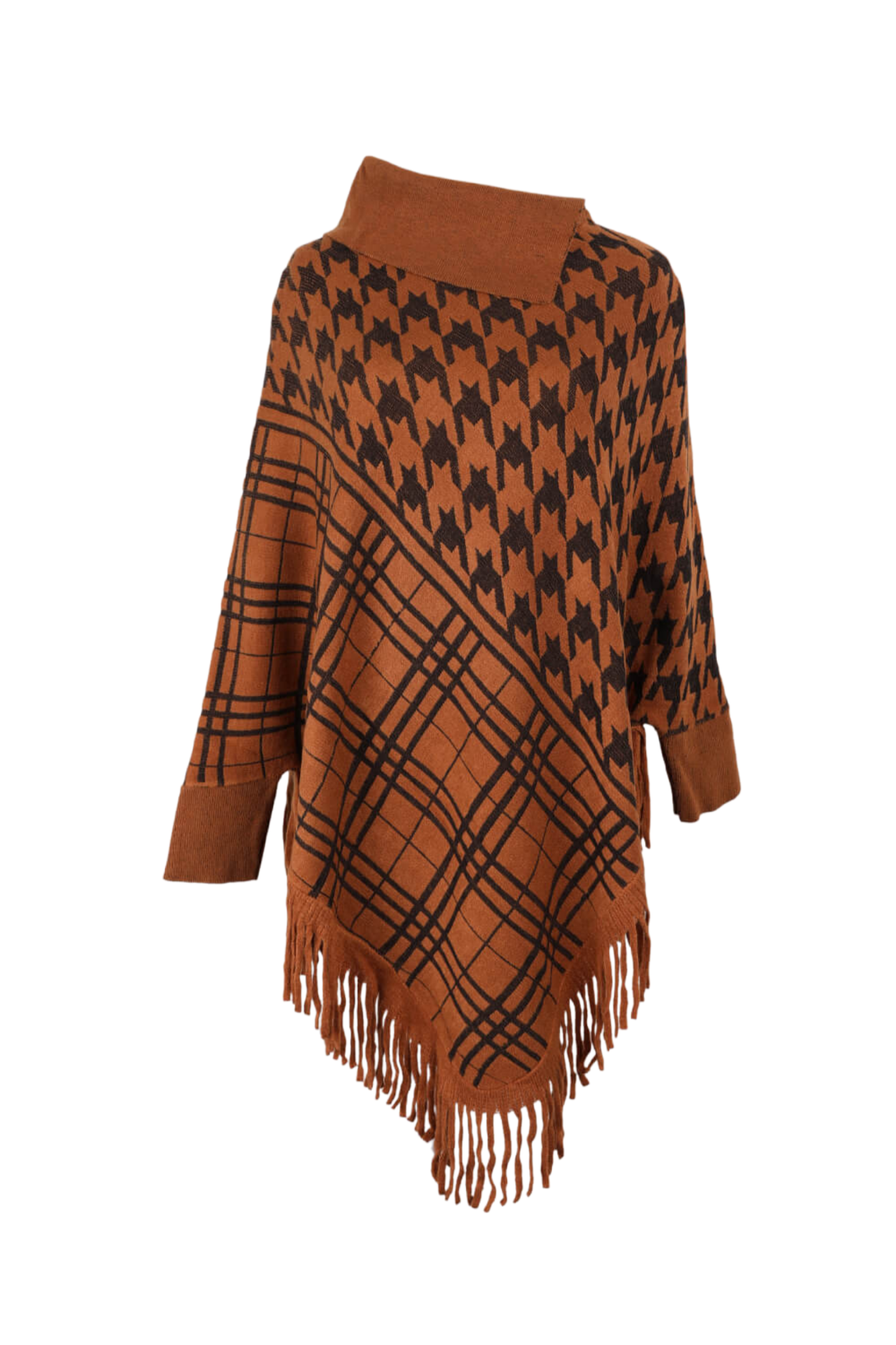 Houndstooth Turtleneck Fringe Hem Poncho