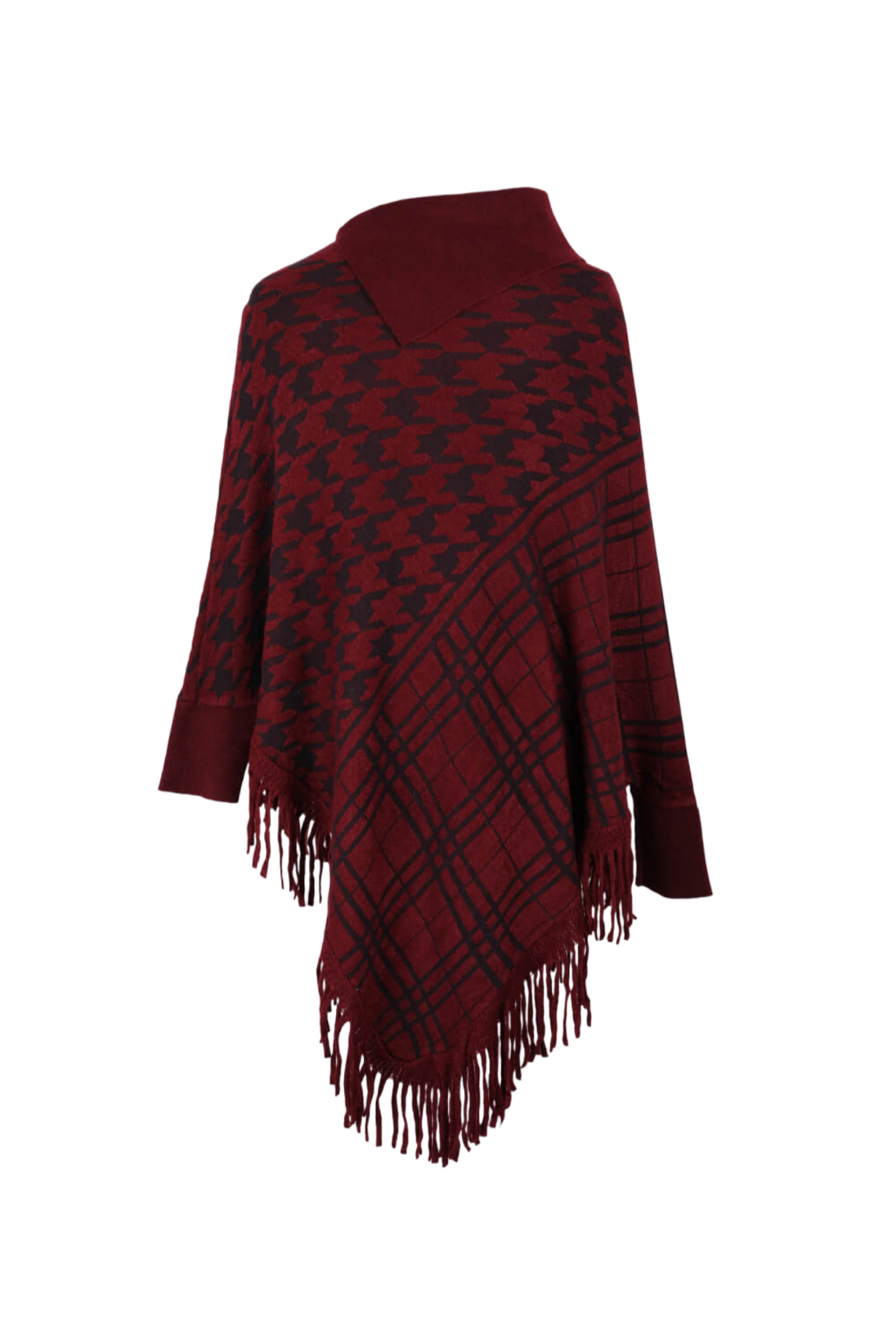 Houndstooth Turtleneck Fringe Hem Poncho