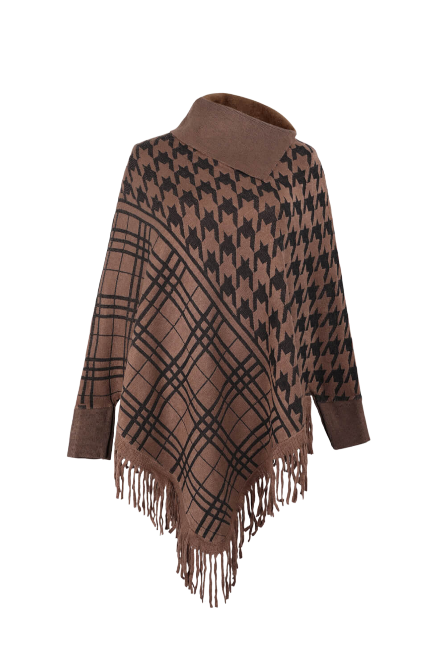 Houndstooth Turtleneck Fringe Hem Poncho